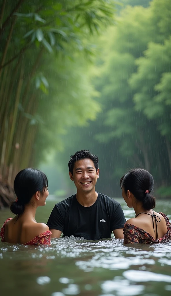 "A 17-year-old Korean woman, crying, caught in the rain with wet clothes, wearing a lingerie, being grabbed from behind by a 40-year-old Indonesian man with a creepy smile wearing shorts, shirtless. The background shows a forest scene with tall trees, realistic."