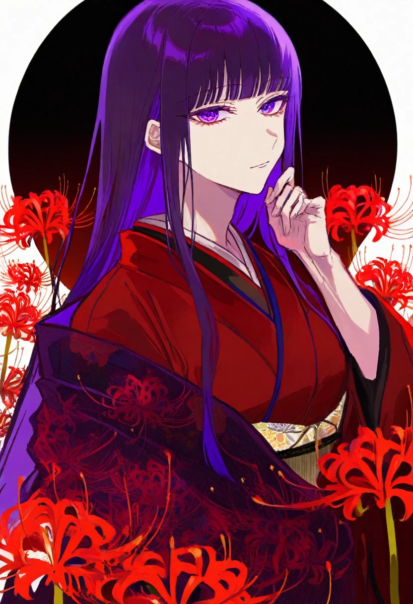 masterpiece, best quality, illustration, kuroume, 1girl, long hair, blunt bangs, purple hair, gradient eyes, detailed eyes, upper body, black and red kimono, floral print, hand up, holding spider lily,