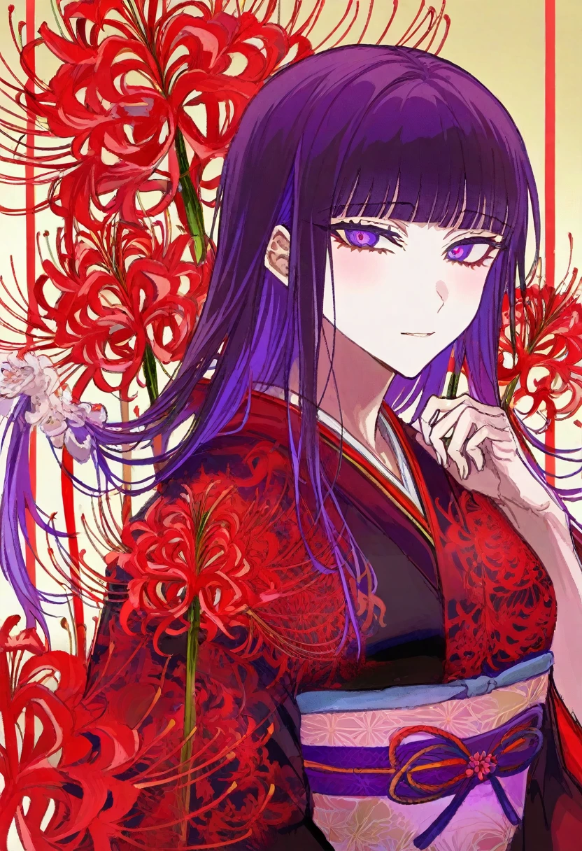 masterpiece, best quality, illustration, kuroume, 1girl, long hair, blunt bangs, purple hair, gradient eyes, detailed eyes, upper body, black and red kimono, floral print, hand up, holding spider lily,