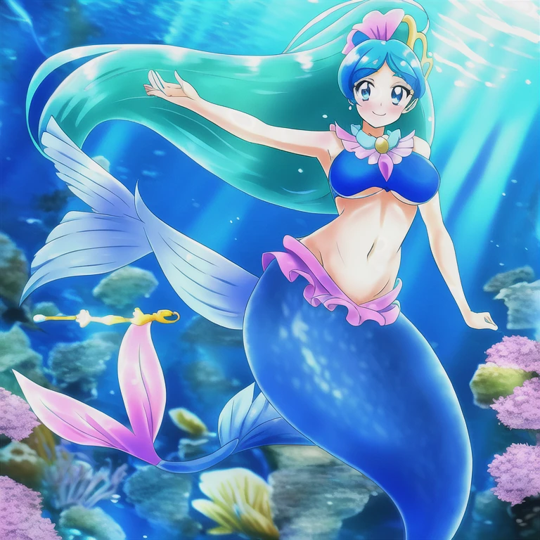 Mermaid, cure mermaid, blue hair, long hair, blue eyes, large breasts, smile, looking at viewer, belly, mermaid tail below waistline, underwater, fish, 