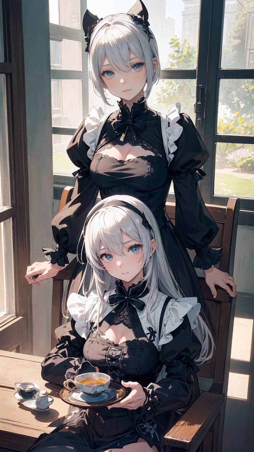 Automataにインスパイアされた、Nier Automata Characters、Nier Automata Cosplay、(High resolution、4K、Please redeem) Inspired by Nier、黒い服を着たgirl: Automata、girl、Delicate and beautiful silvery white hair、Beautiful lip detail、And highly detailed faces with fine skin texture、She is sitting in a chair in a brightly colored garden、Blooming Flowers々Surrounded、The garden is lit by soft natural light..、The English garden creates a peaceful atmosphere、girlの黒い衣装は光沢のある革素材で作られています、Gives a stylish and futuristic look、She has a teacup in her hand、Reflects sunlight、The cup is elaborately decorated、Craftsmanship shines through、girlの風になびく髪、Elegant tea time、Add a tranquil atmosphere、Well decorated table, Chairs and tea utensils、The overall image is realistic and photorealistic、Sharp focus and vibrant colors、Increase visual impact、This artwork is from Nier : Automataの本質を捉えており、Paying homage to the iconic character 2b
