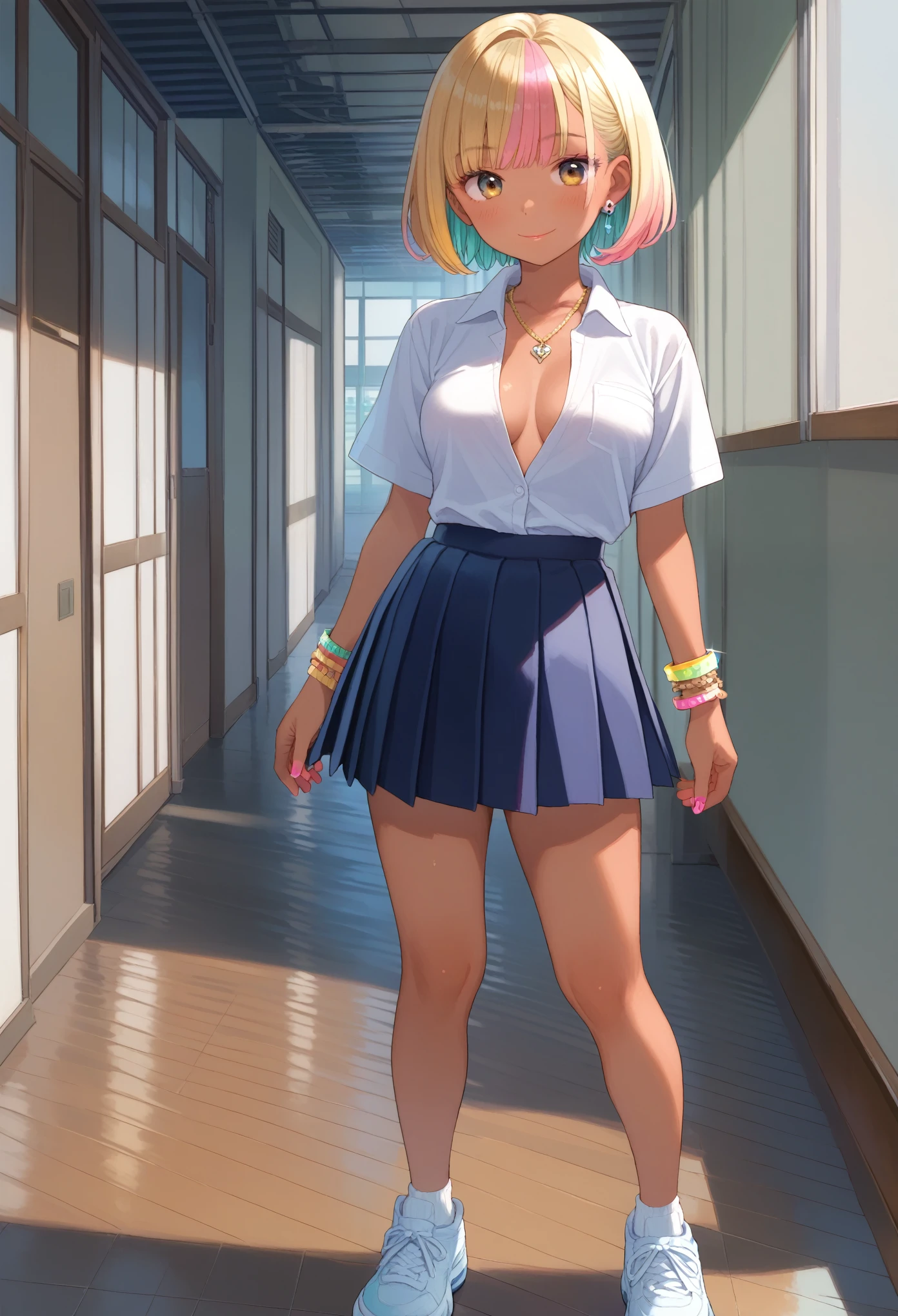 score_9, score_8_up, score_7_up, source_anime, (nsfw, Japanese Gal, JK, Gyaru), (1girl, solo), ars old, (natural skin, reddish brown skin), (short hair, multicolored hair, yellow hair, colorful hair), (big round eyes, yellow eyes), lips, smile, (white shirt, open chest, bow, medium breasts), pleated skirt, white sox, sports shoes, BREAK (silver ear cuff, gold necklace, colorful bracelet), (indoors, standing in the school hallway)