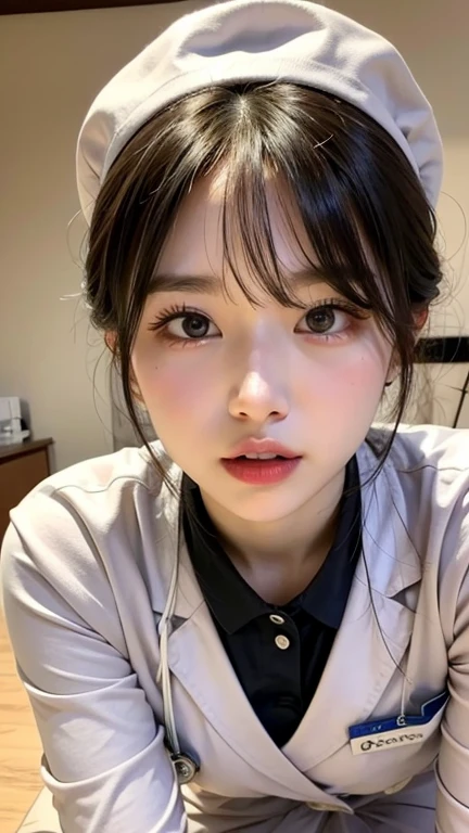 masterpiece, best quality, highres, HDR, 8k, Licking My Dick, a very beautiful japanese girl in suit at office, black hair, bangs, focused face