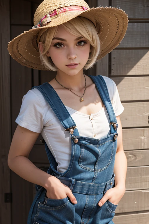 femboy, A transvestite, female androgen, female body, short hair, blonde hair, Lean body, stunning, ((OVERALLS)), ((plaid shirt)), ((straw hat)), shy.