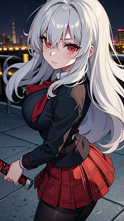 (Magical cock:1.2), (mana fire:0), girl, Joan of Arc Alter(Fate/Grand Order), (school uniform:1.5), huge breasts, grin, evil smile, contrapposto, (dark skin:1.2),