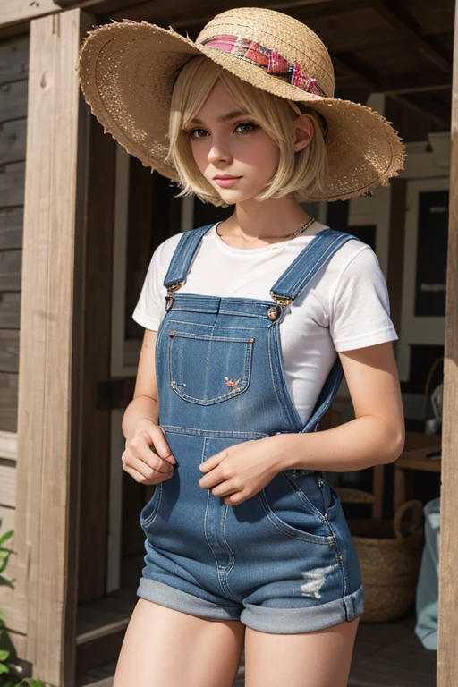 femboy, A transvestite, female androgen, female body, short hair, blonde hair, Lean body, ((OVERALLS)), ((plaid shirt)), ((straw hat)), shy.