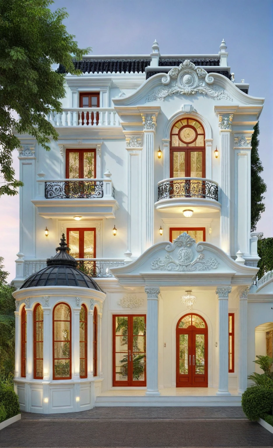 neo classical villa on street, (daylight), tropical tree, vivid colour, streetcapes, white tone, nice detail, intricate relief details, white wall, large glass door, warm interior lighting, best quality, masterpiece, ultra realistic