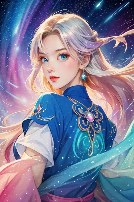 (Best Quality, High resolution, 8k, Official Art), Beautiful single girl, Silver blonde medium hair, Beautiful Blue Eyes, Pink Lips, Attractive anime girl, Large Breasts, Beautiful valley, Wearing a fantasy costume with intricate details, Fascinating worldview, Illuminant, Sparkling crystals dancing wildly, Otherworldly brilliance,  The colors blend naturally, Colorful and vibrant colors,  Illuminate, Watercolor-style brushwork, Refined and highly detailed anime illustrations, Iridescent colors,  Painting-style digital art, Aurora, Starry Sky, milky way, 