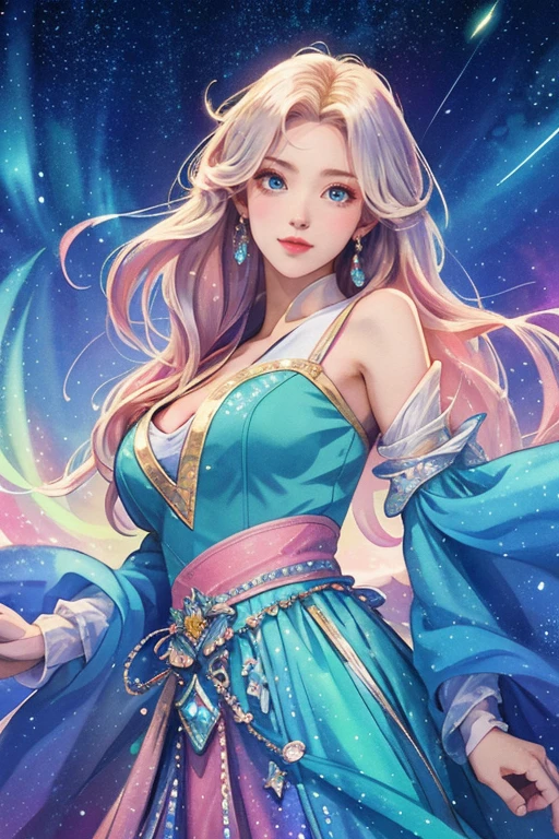 (Best Quality, High resolution, 8k, Official Art), Beautiful single girl, Silver blonde medium hair, Beautiful Blue Eyes, Pink Lips, Attractive anime girl, Large Breasts, Beautiful valley, Wearing a fantasy costume with intricate details, Fascinating worldview, Illuminant, Sparkling crystals dancing wildly, Otherworldly brilliance,  The colors blend naturally, Colorful and vibrant colors,  Illuminate, Watercolor-style brushwork, Refined and highly detailed anime illustrations, Iridescent colors,  Painting-style digital art, Aurora, Starry Sky, milky way, 