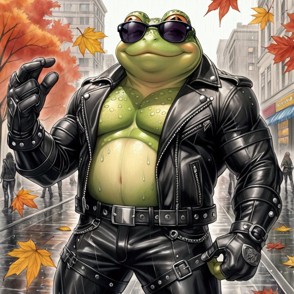 Closeup, An extremely badass buff, muscular green toad wearing an ...