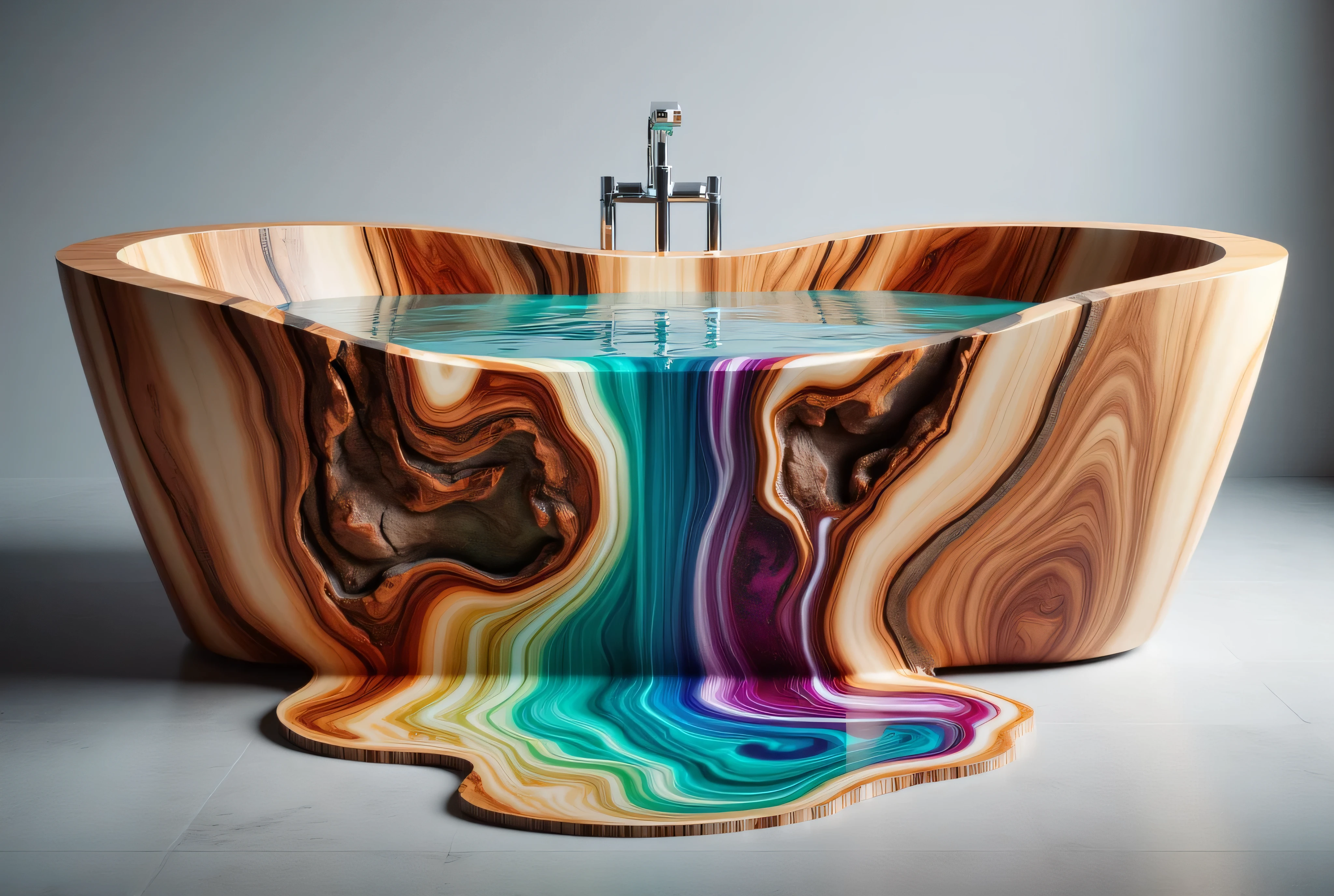 A highly detailed, digitally rendered photograph showcasing an extraordinary, surrealistic bathtub. The bathtub is crafted from a single piece of wood, showcasing its natural grain and texture. The wood is a light brown with darker brown streaks, giving it a warm, organic feel. The bathtub is filled with an ethereal, flowing liquid that mimics the movement of water. The liquid is a vibrant mix of blues, greens, and purples, creating a mesmerizing, almost fluid-like effect. The liquid cascades over the edge of the bathtub, creating a waterfall effect that flows onto the floor, where it transforms into a colorful, abstract pattern. The pattern is reminiscent of marble or stone, with intricate swirls and waves of color that mimic the movement of the liquid. The floor beneath the bathtub is a smooth, gray surface, contrasting sharply with the vivid colors of the liquid and the natural wood. The background is a soft gradient of gray, focusing attention on the bathtub and its unique, surrealistic features. This image combines elements of fantasy and surrealism with a high level of realism, creating a visually stunning and imaginative scene.