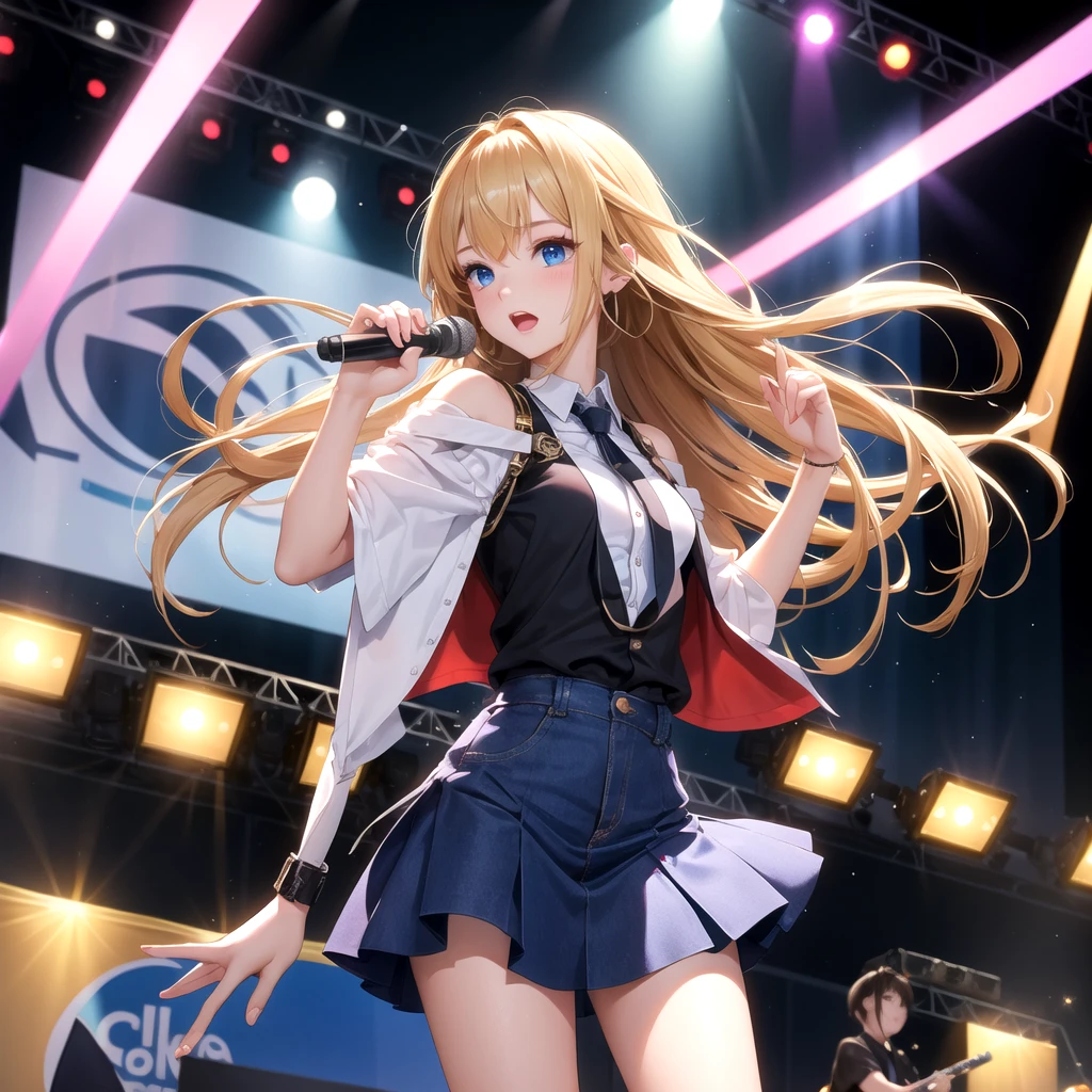 Tyndall Effect, aesthetic, extremely detailed, masterpiece, best quality, Tyndall effect, light beams, stage lights, 1girl, solo, long hair, thighhighs, on stage, looking up, light scattering, volumetric lighting, spotlights, rays, atmosphere, octane render, photorealistic, 8k