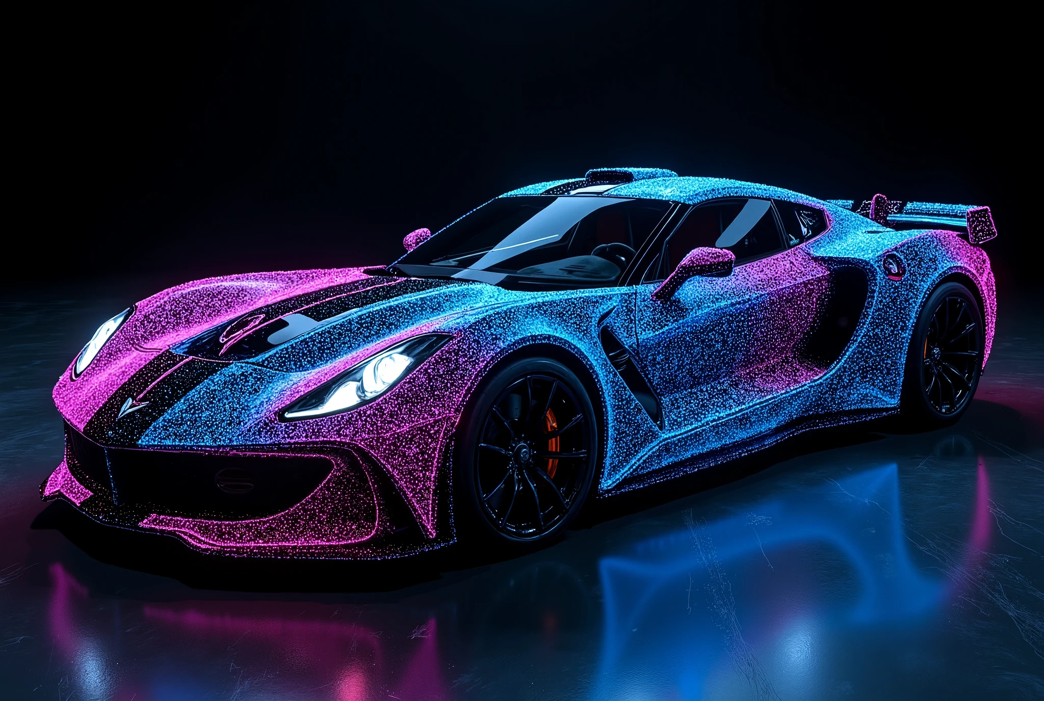 A car with a deep, galaxy-themed paint job that seems to absorb light, dotted with thousands of tiny, luminescent points to mimic stars, photo realistic, detailed