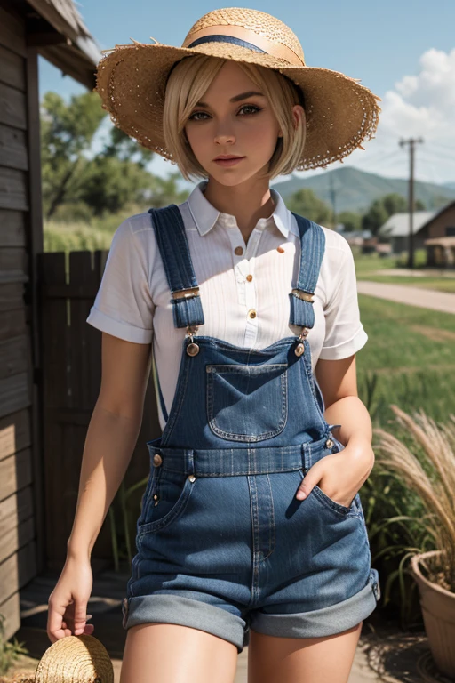 femboy, A transvestite, female androgen, female body, short hair, blonde hair, Lean body, stunning, ((OVERALLS)), ((plaid shirt)), ((straw hat)), shy.