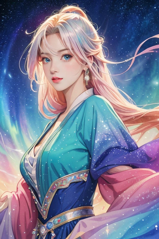 (Best Quality, High resolution, 8k, Official Art), Beautiful single girl, Silver blonde medium hair, Beautiful Blue Eyes, Pink Lips, Attractive anime girl, Large Breasts, Beautiful valley, Wearing a fantasy costume with intricate details, Fascinating worldview, Illuminant, Sparkling crystals dancing wildly, Otherworldly brilliance,  The colors blend naturally, Colorful and vibrant colors,  Illuminate, Watercolor-style brushwork, Refined and highly detailed anime illustrations, Iridescent colors,  Painting-style digital art, Aurora, Starry Sky, milky way, 