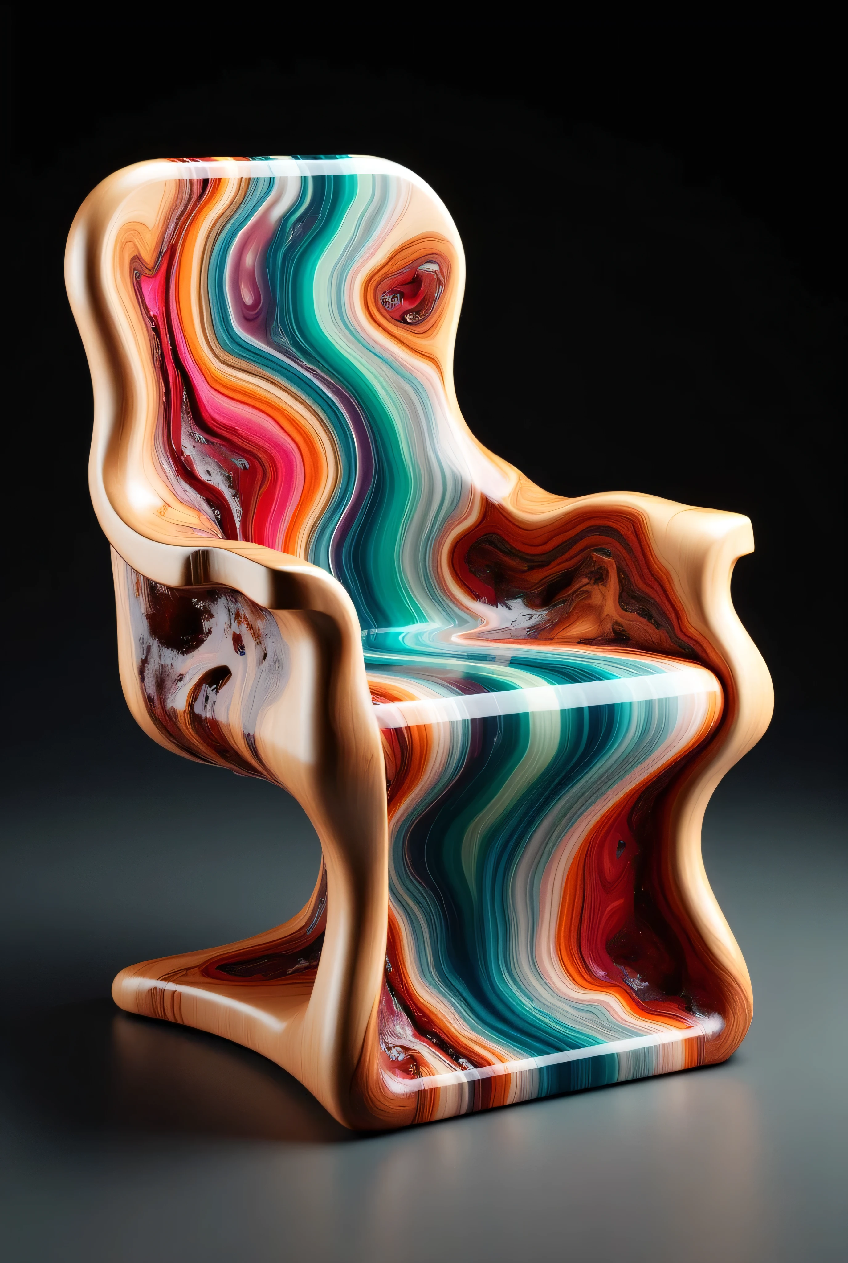 A highly detailed CGI rendering of an abstract, modernist chair. The chair is designed with a fluid, organic form that resembles a wave or a ribbon, flowing from the seat and backrest to the floor. The material used for the chair has a polished, glossy finish that reflects light, giving it a smooth, almost liquid texture. The chair is predominantly a vibrant, swirling blend of teal, red, orange, and pink, with intricate patterns and marbling that resemble the movement of water or lava.

The chair's legs are equally fluid and organic, tapering outwards at the bottom. The wood used for the chair's structure is light brown, with visible grain patterns that add to the naturalistic feel. The chair is set against a stark, black background, which makes the colors and textures of the chair stand out even more vividly. The overall style is avant-garde and contemporary, blending elements of modern art and design with a touch of surrealism. The image is highly polished, with a high level of detail in both the chair's form and the colors, suggesting a focus on artistic expression rather than practical functionality.