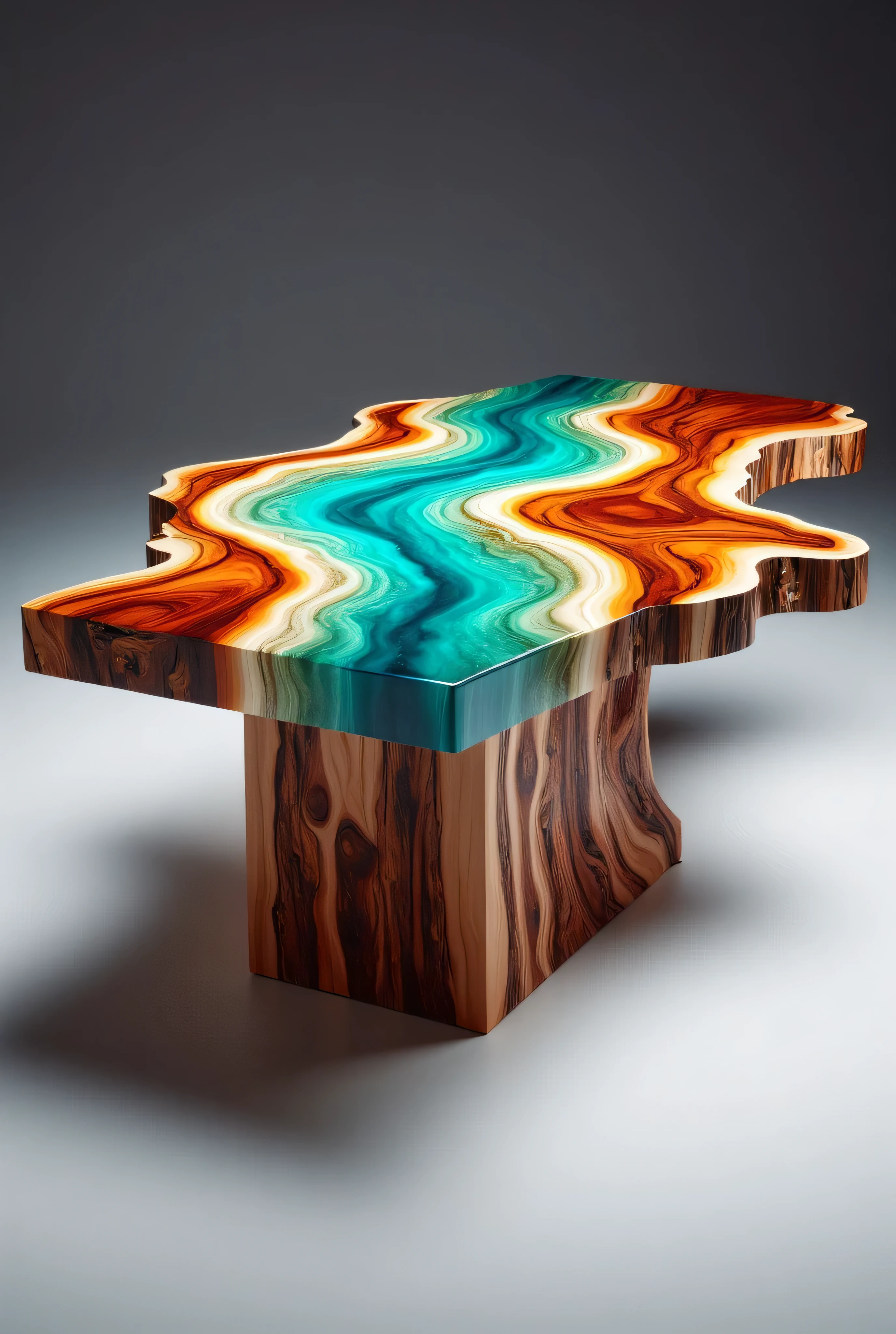 A high-resolution photograph of an intricately carved wooden table with a transparent, glass-like top. The table's surface is a vibrant, swirling mix of turquoise and orange hues, resembling a flowing river or a cascading waterfall. The colors transition smoothly, creating a mesmerizing effect that mimics the movement of water. The edges of the table are rough and uneven, showcasing the natural texture of the wood, which contrasts sharply with the smooth, glossy surface of the top.

The table stands on a sturdy, rectangular base made of the same wood, with visible grain patterns and a rich, warm brown color. The base is solid and substantial, providing a strong foundation for the delicate, flowing top. The background is a gradient of dark gray to light gray, which enhances the vibrant colors of the table and makes it the focal point of the image.

The overall style of the image is modern and minimalist, with a strong emphasis on the natural beauty and craftsmanship of the wood and the unique, artistic design of the table. The photograph is taken from a slightly elevated angle, allowing the viewer to appreciate the table's full dimensions and intricate details.