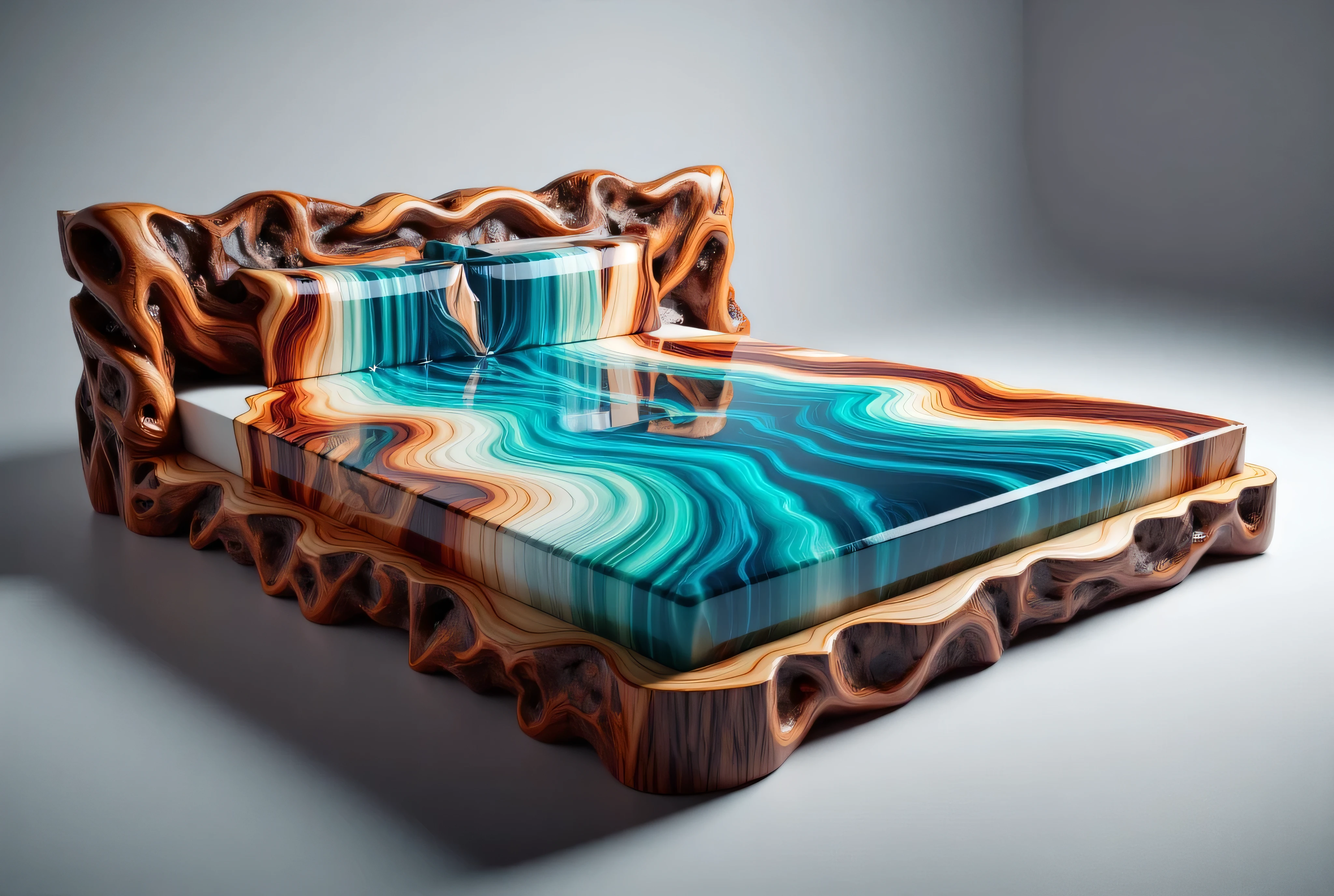 a high-resolution CGI rendering of an extremely unique and artistic bed. The bed features a headboard and footboard made from intricately carved, twisted pieces of dark, polished wood that resemble flowing water or roots, giving it a surreal, organic feel. The headboard and footboard are seamlessly integrated with the bed frame, which is also carved in a similar style, creating a continuous, fluid design.

The bed's mattress is a striking, glossy surface that reflects light, resembling a riverbed or a flowing waterfall. The texture of the mattress is smooth and reflective, with a gradient of vibrant colors including deep blues, turquoise, and warm earth tones, mimicking the patterns of water flowing over rocks. The bed is set against a gradient background that transitions from a light gray at the top to a darker gray at the bottom, enhancing the visual depth and making the bed stand out prominently.

The bed is positioned diagonally, with the headboard and footboard extending towards the top right and bottom left corners, respectively. The overall design is both futuristic and naturalistic, blending organic forms with high-tech materials to create a visually stunning piece of furniture.