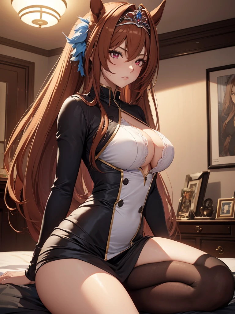 (​masterpiece、top-quality、hight resolution、Unity 8k、extremely details CG:1,Best Picture), (from below, full body), Daiwa Scarlet (Uma Musume), (((tiara))), brown hair, hair intake, red eyes, long hair, twintails, (horse ears, horse girl), Create an image of a woman in a hotel room at night, exuding a cold and professional aura. She is a sex worker specializing in control and dominance, particularly in  control play. Her eyes are sharp and emotionless, showing no sign of warmth or affection, only a calculating, detached gaze, Depict the same sex worker in a hotel room at night, now giving permission with a subtle but unmistakable nod. Her cold eyes soften slightly, though her control remains firm. She looks down at the client with a small, almost imperceptible smirk, her lips barely curving upwards. Her body language suggests that she is still in charge, but this brief allowance is something she grants on her terms. The room is dimly lit, and the atmosphere remains tense, as if the client knows this moment of approval can be revoked at any time.