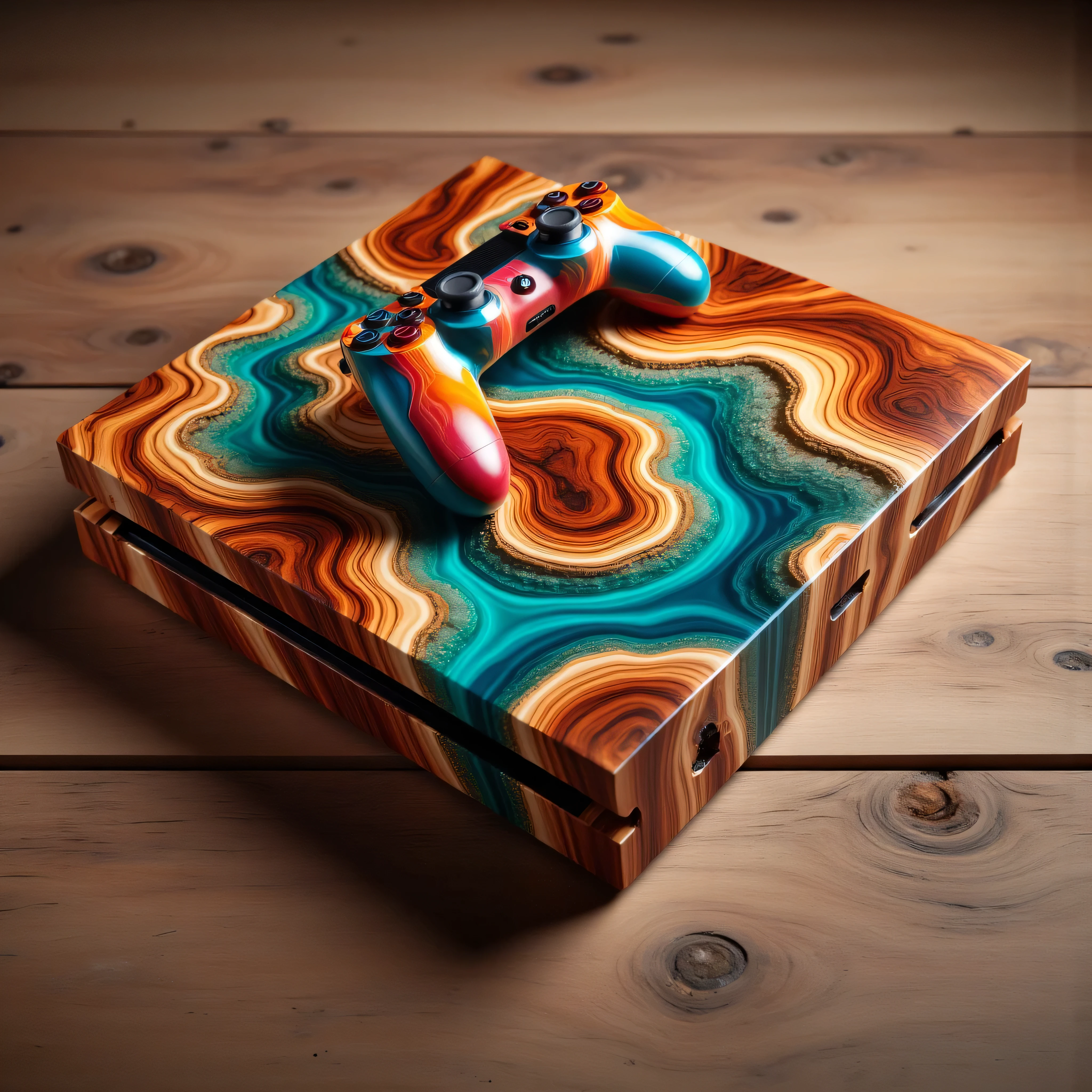 a high-resolution photograph featuring a modern, sleek gaming setup. Central to the image is a PlayStation 4 console, positioned on a wooden surface. The console is covered in a striking, polished wooden veneer with a swirling pattern that mimics the flowing movement of water. The pattern showcases vibrant hues of blue, teal, orange, and red, creating a dynamic and visually captivating contrast against the natural wood grain.

The PlayStation 4 itself has a matte black finish, with a dualshock 4 controller placed on top. The controller has a glossy, translucent design, showcasing a gradient from blue to teal on the left side and a gradient from orange to red on the right side, mirroring the console's pattern. The controller buttons are black, with a small, circular light at the top. The PlayStation logo is visible on the front of the console.

The wooden surface beneath the console has a rustic, warm brown tone with visible grain and knots, adding to the natural aesthetic of the setup. The overall composition is modern and artistic, blending technology with natural elements in a visually striking manner.