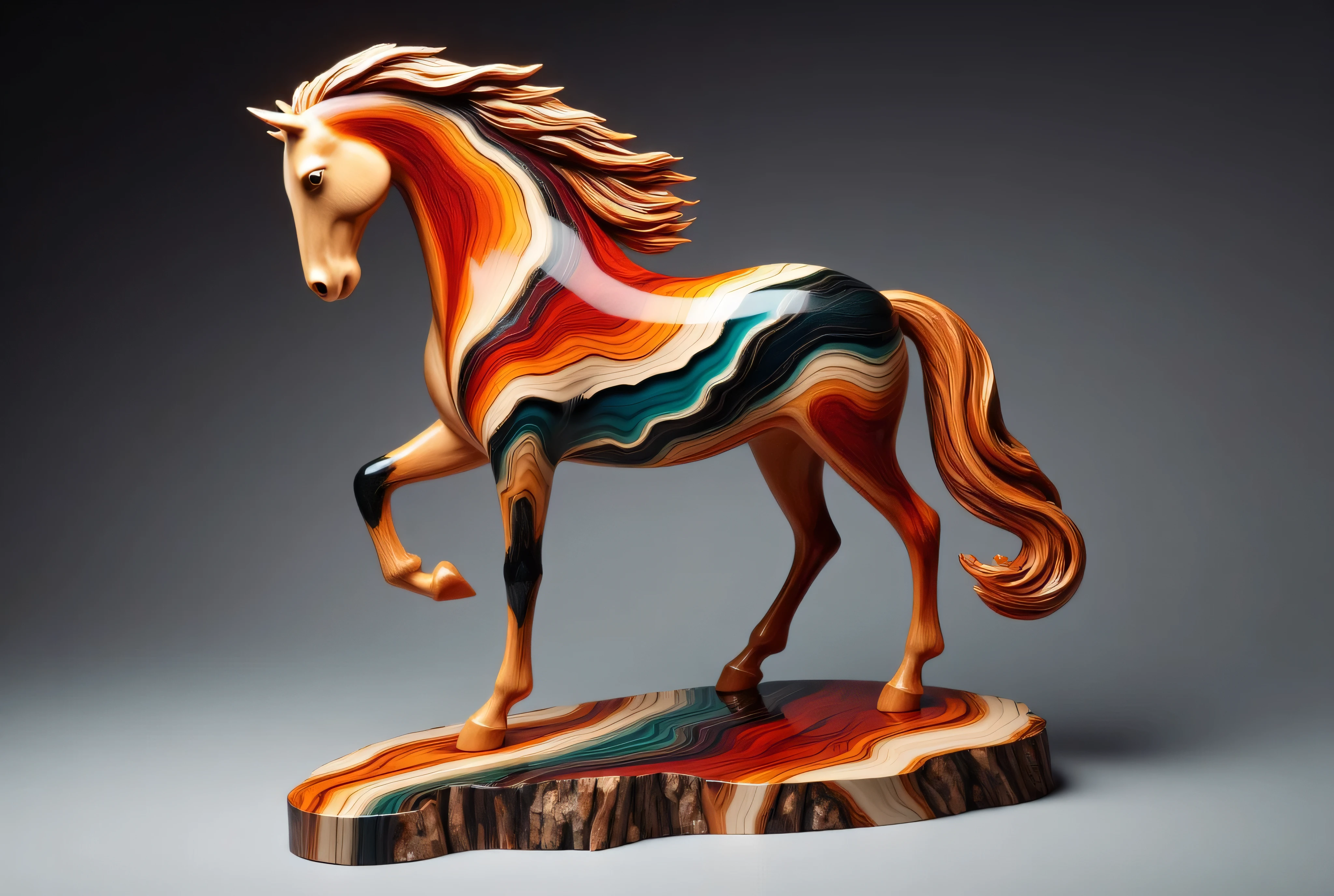 a high-resolution photograph of an intricately crafted, life-sized wooden horse sculpture. The horse is depicted in a dynamic pose, with one leg raised as if mid-stride. The body of the horse is meticulously carved from a single piece of wood, showcasing a striking, multi-colored pattern that resembles flowing water. The colors transition from vibrant reds and oranges at the top of the body to deep blues and blacks at the bottom, creating a gradient effect that mimics the movement of water. The mane and tail are also intricately carved, appearing to flow and wave with a sense of motion.

The horse is mounted on a natural, irregularly shaped wooden base that mirrors the colors and patterns of the horse's body. The base adds to the organic, fluid feel of the sculpture. The background is a gradient of dark to light gray, which contrasts sharply with the vibrant colors of the horse, making it the focal point of the image. The lighting is soft and directional, highlighting the texture and details of the wood, giving it a polished, almost glossy appearance. The overall style of the sculpture is modern and abstract, blending natural elements with artistic expression.