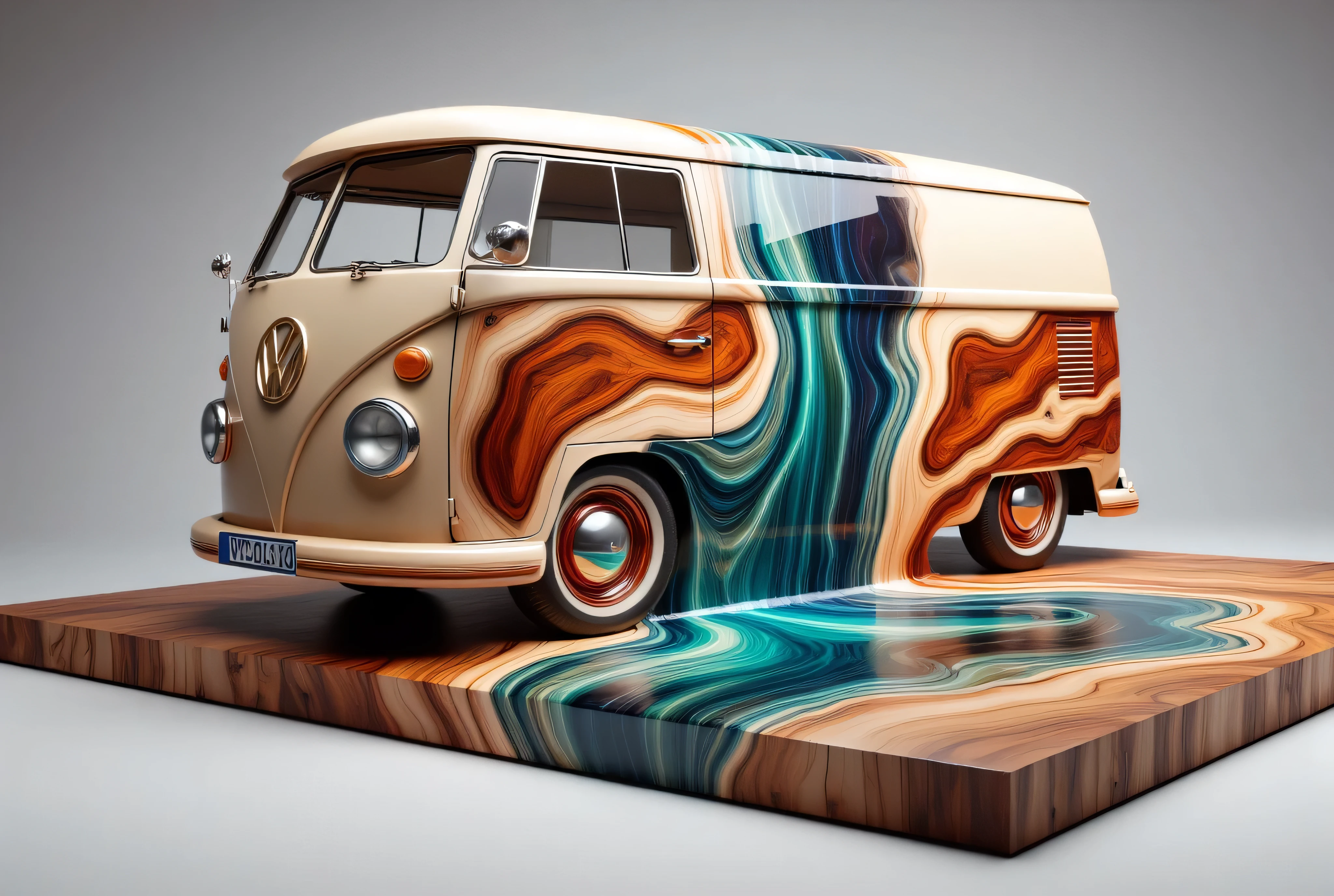 a highly detailed CGI rendering of a classic Volkswagen van, showcasing an artistic and vibrant design. The van is predominantly cream-colored with a distinctive wood grain pattern that runs across its body, including the doors and the roof. The wood grain is rich with natural hues of warm browns, oranges, and reds, giving it a rustic and organic feel. The van features the iconic Volkswagen emblem on its front grille and the license plate reads "VW 3591."

What sets this van apart is the striking, flowing pattern that appears to be a waterfall of liquid, cascading down from the rear of the vehicle. This waterfall-like design is a blend of vibrant colors including deep blues, teal, and turquoise, creating a mesmerizing visual effect. The fluidity of the design is enhanced by the smooth, glossy texture of the colors, which seem to ripple and flow like water.

The van is displayed on a raised wooden platform, which matches the wooden texture of the van’s body, adding to the cohesive, natural aesthetic. The background is a plain, light gray, ensuring that the van remains the focal point. The overall style of the image is modern and artistic, blending realism with abstract elements.