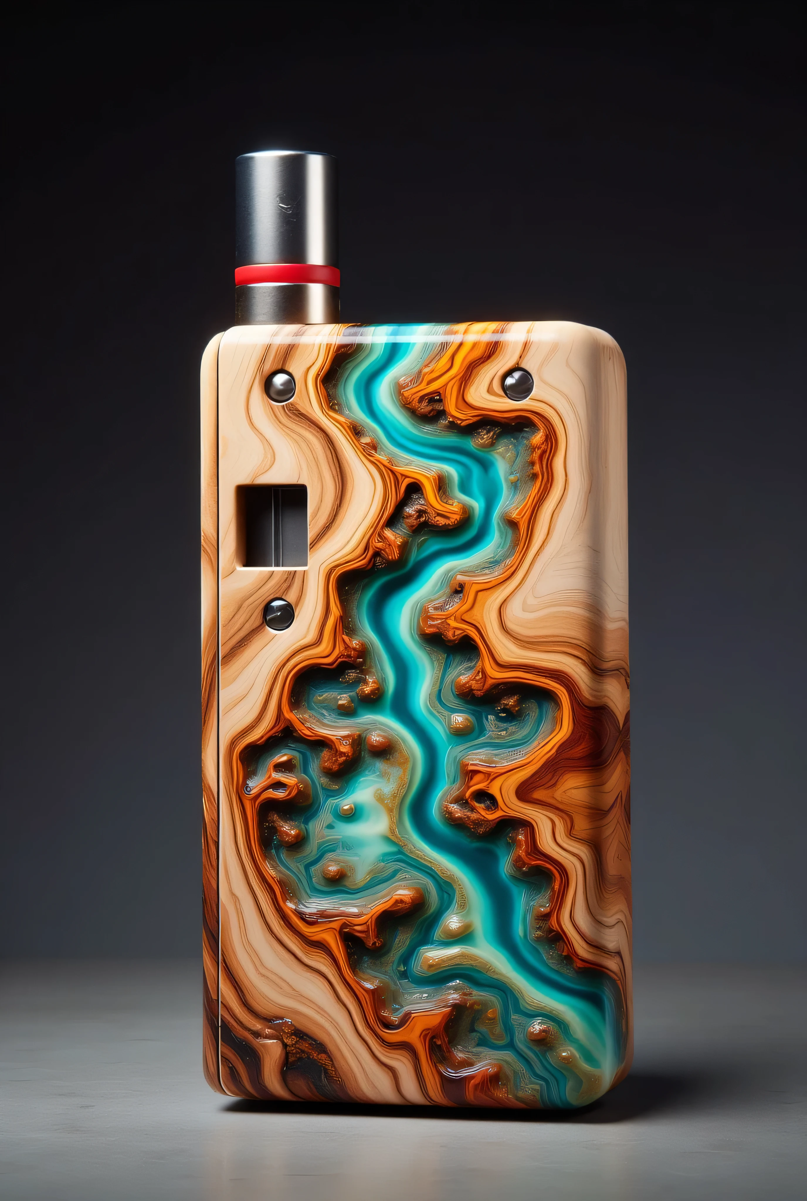 a high-resolution photograph of a unique, handcrafted wooden vaporizer, featuring a strikingly artistic design. The vaporizer is made from a single piece of wood, showcasing intricate, swirling patterns reminiscent of marble or agate. The wood is a warm, natural light brown with darker grain lines, and the swirling patterns are created by using a technique that highlights the natural colors and textures of the wood. The patterns are vividly colored with hues of blue, green, orange, and yellow, creating a mesmerizing, almost hypnotic effect.

The vaporizer is rectangular with rounded edges and has a smooth, polished surface. It features a cylindrical mouthpiece on the top, made of stainless steel with a red ring around the base. The mouthpiece is attached to the vaporizer with a silver-colored metallic joint. The bottom of the vaporizer has three small, circular openings, likely for the air intake or exhaust.

The background is a smooth, dark gradient, which contrasts sharply with the vibrant colors and textures of the vaporizer, making it the focal point of the image. The lighting is soft and even, highlighting the intricate details of the wood and the vivid colors of the patterns.