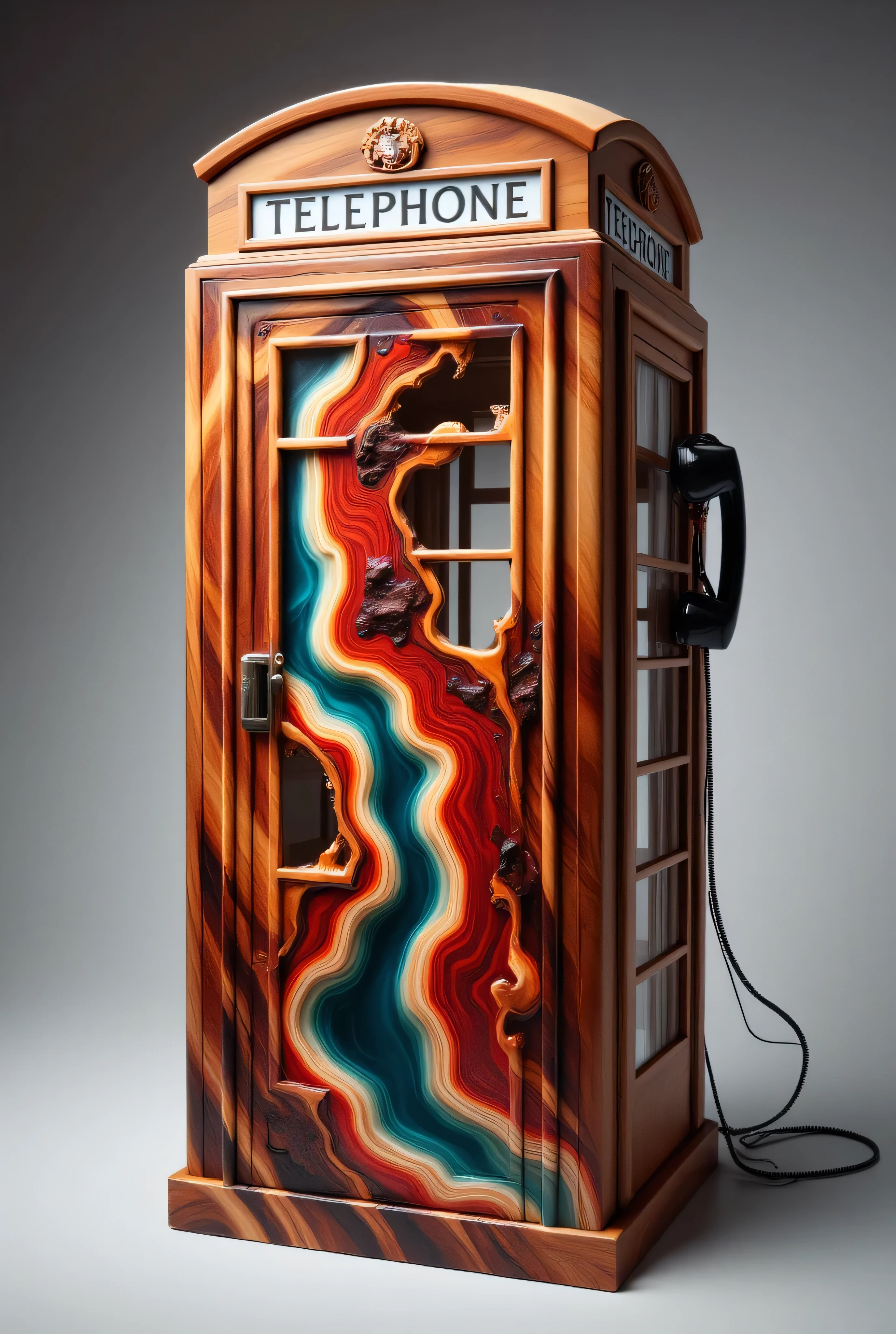 a high-resolution photograph of a unique, intricately crafted telephone booth. The booth is made from polished wood with a rich, warm brown finish, giving it a vintage, antique appearance. The top features a classic British telephone booth design with the word "TELEPHONE" in white, serifed letters. The booth has a hinged door with a grid of small, rectangular glass panels, allowing a view of the interior.

The most striking feature of this telephone booth is the vibrant, flowing pattern painted on its sides. The paintwork resembles a swirling, abstract composition of deep reds, oranges, blues, and blacks, creating a dynamic, almost fluid effect. The paint appears to be glossy, adding a sense of movement and depth to the piece.

Attached to the right side of the booth is a traditional, black rotary telephone, extending outward on a black cord. The cord is neatly coiled at the bottom, adding to the vintage aesthetic.

The background is a smooth, gradient grey, which helps to emphasize the booth's rich colors and textures. The photograph is well-lit, with a soft, diffused light that highlights the details and textures of the wood and paintwork.