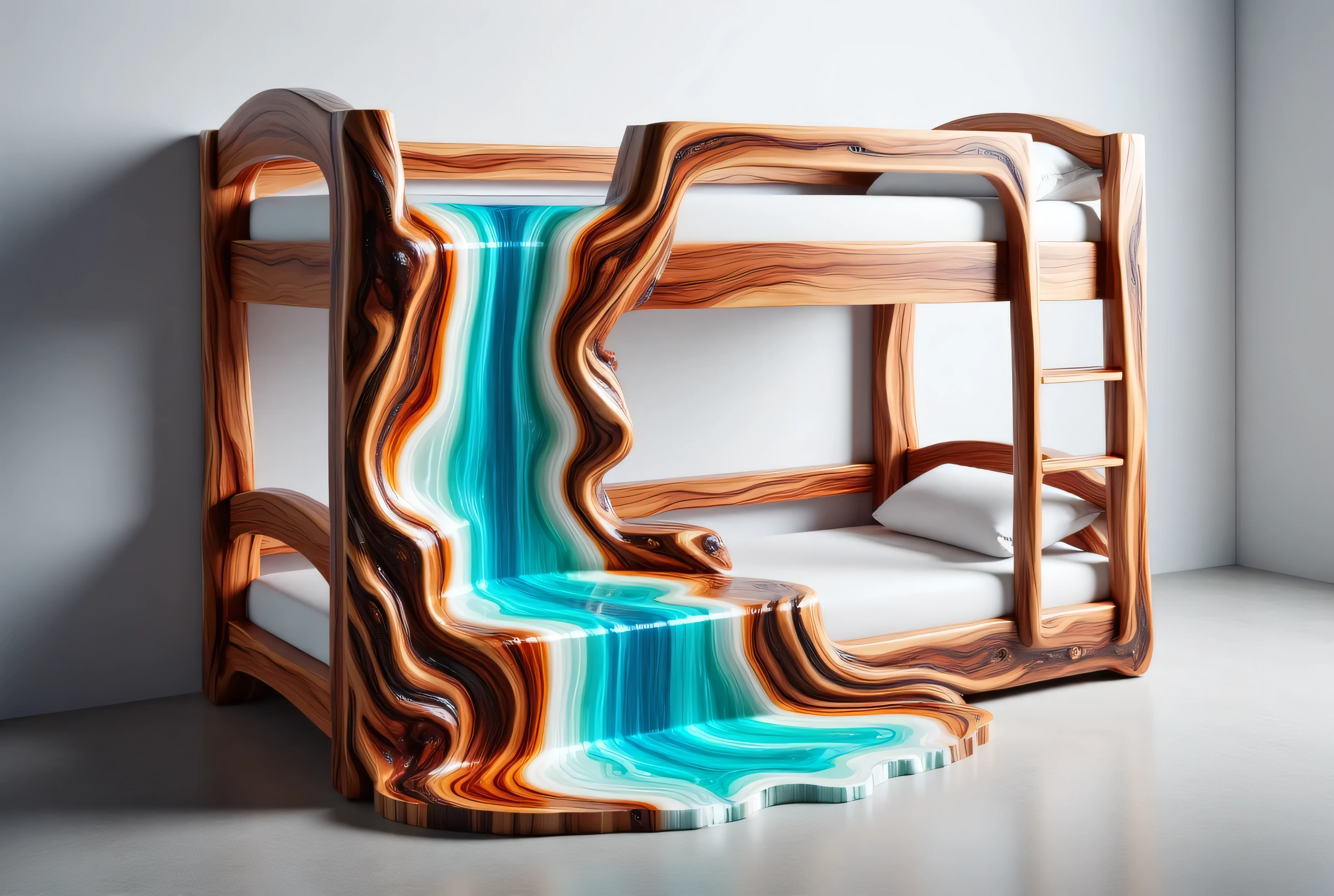 a highly detailed CGI rendering of a unique, custom-designed bunk bed. The bed frame is crafted from a single piece of wood, featuring a natural, polished finish that highlights the grain and texture of the wood. The bed's design is innovative, with a lower bunk that appears to be carved into a shape resembling a waterfall. The waterfall portion of the lower bunk is intricately detailed, mimicking the flowing motion of a cascading stream. The water is depicted in vivid, swirling colors of turquoise, aqua, and blue, with white foam-like bubbles at the top, suggesting a turbulent flow. The bed is set against a plain, light gray wall, which contrasts with the rich, warm tones of the wood. The upper bunk has a simple, clean design with a ladder on the right side leading to the top bunk. The bed is placed on a smooth, light gray concrete floor, which adds to the minimalist, modern aesthetic of the room. The overall style is a blend of natural wood and modern design, emphasizing the bed's unique, artistic character.