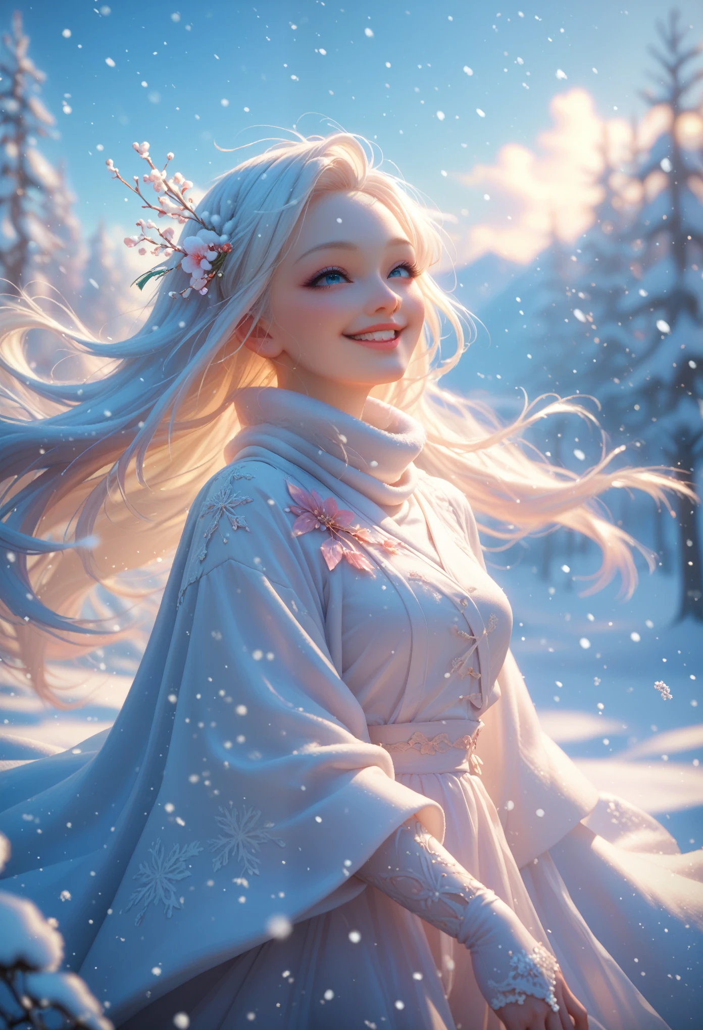 top quality, Image quality 4k, 1Girl, white hanfu, snow, long hair fluttering in the wind, healing smile, large aperture, blurred background