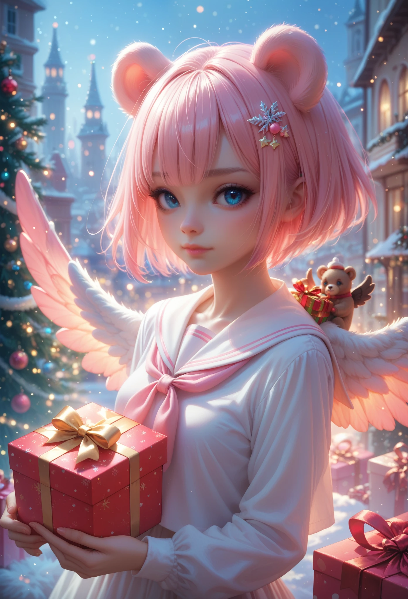 Skistyle, 1Girl, One, pink hair, animal ears, Blue eyes, wings, looks at the viewer, bang, short hair, a gift, sailor collar, white sailor collar, hair a gift, pink a gift, closed mouth, shirt, white shirt, bear ears, bean cut, mini wings, portrait, detached wings, make up, upper body, city in the background