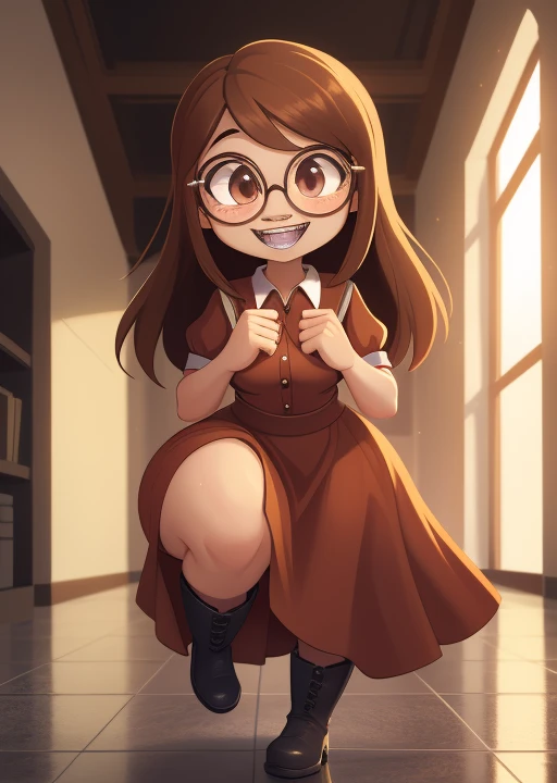 (great lighting), (masterpiece), (best quality), (key details), 1 human girl, human, student, pretty, attractive, long brown hair, brown eyes, big eyes, medium breasts, thick thighs, red blouse, long skirt, black boots, smiling, (braces), glasses, teeth with braces, nerdy, shy, clumsy,