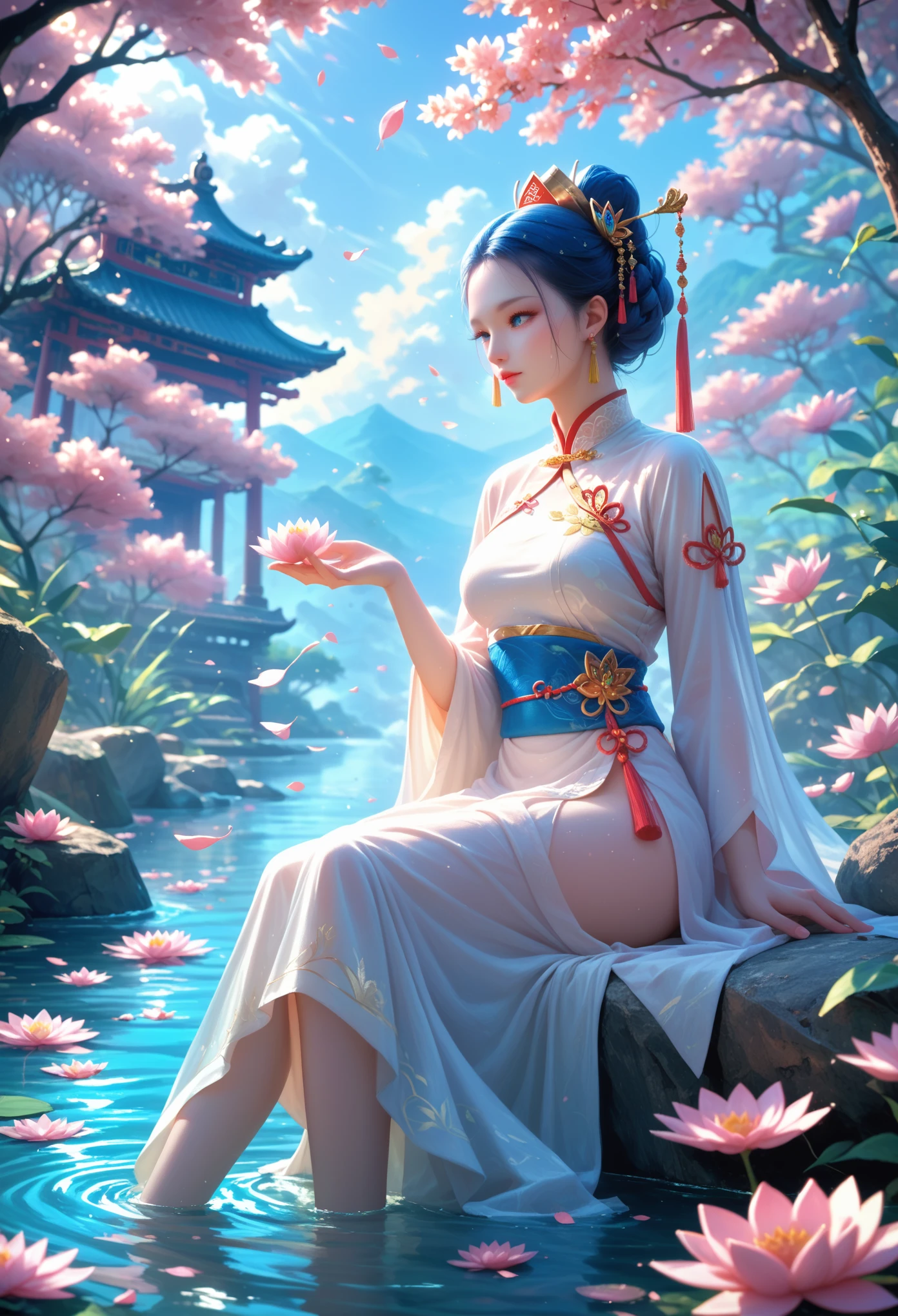 Ancient Chinese Beauty, sitting on a rock, in ancient Chinese costume, flowing blue tulle, light silk, lazy pose, large lotus leaves, Lotus Flowers, Ink painting style, pure colors, drastic reduction, White space, By hand, masterpiece, very detailed, Epic composition, high quality, Highest quality, 4K --V6