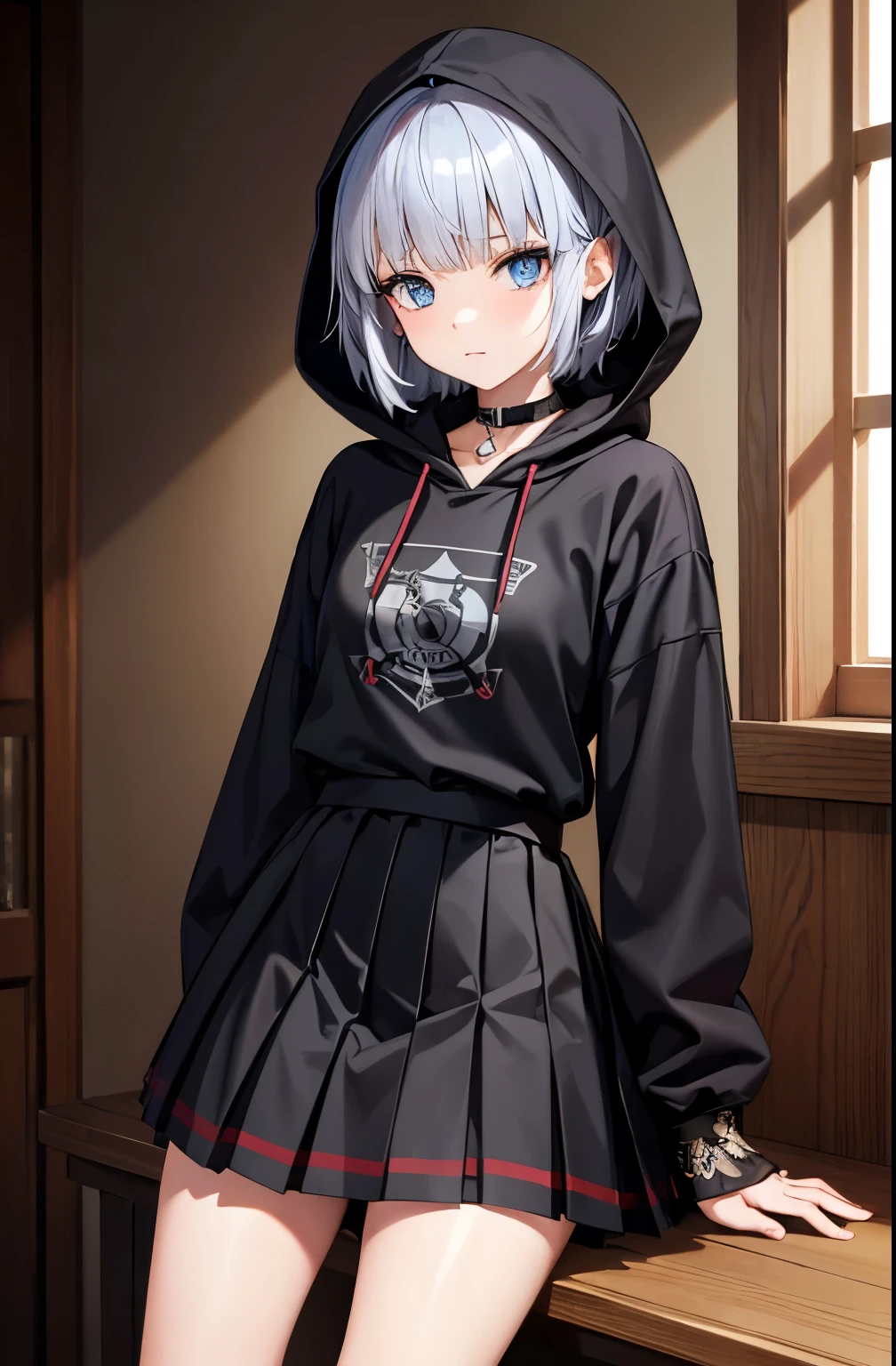 niña 5 años He enfrentado a la muerte Y logré vencerlo fgogray, gray, Blue eyes, short hair, cabello gray, choke,
BREAK black cable, black shoes, black Love, black shirt, black high socks, cable, grey skirt, hood, hood up, mangas largas, miniskirt, tartan, tartan skirt, pleated skirt, Love, shirt, skirt, Alone, high socks, zettai ryouiki,
BREAK looking at the viewer,
BREAK indoors,
BREAK (masterpiece:1.2), The best quality, high resolution, Unity 8k wallpaper, (illustration:0.8), (Beautiful detailed eyes:1.6), extremely detailed face, perfect lighting, Extremely detailed CG, (perfect hands, perfect anatomy),