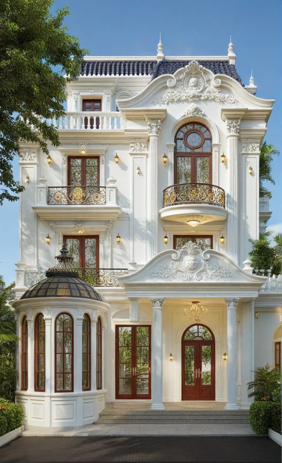 neo classical villa on street, (daylight), tropical tree, vivid colour, streetcapes, white tone, nice detail, intricate relief details, white wall, large glass door, warm interior lighting, best quality, masterpiece, ultra realistic