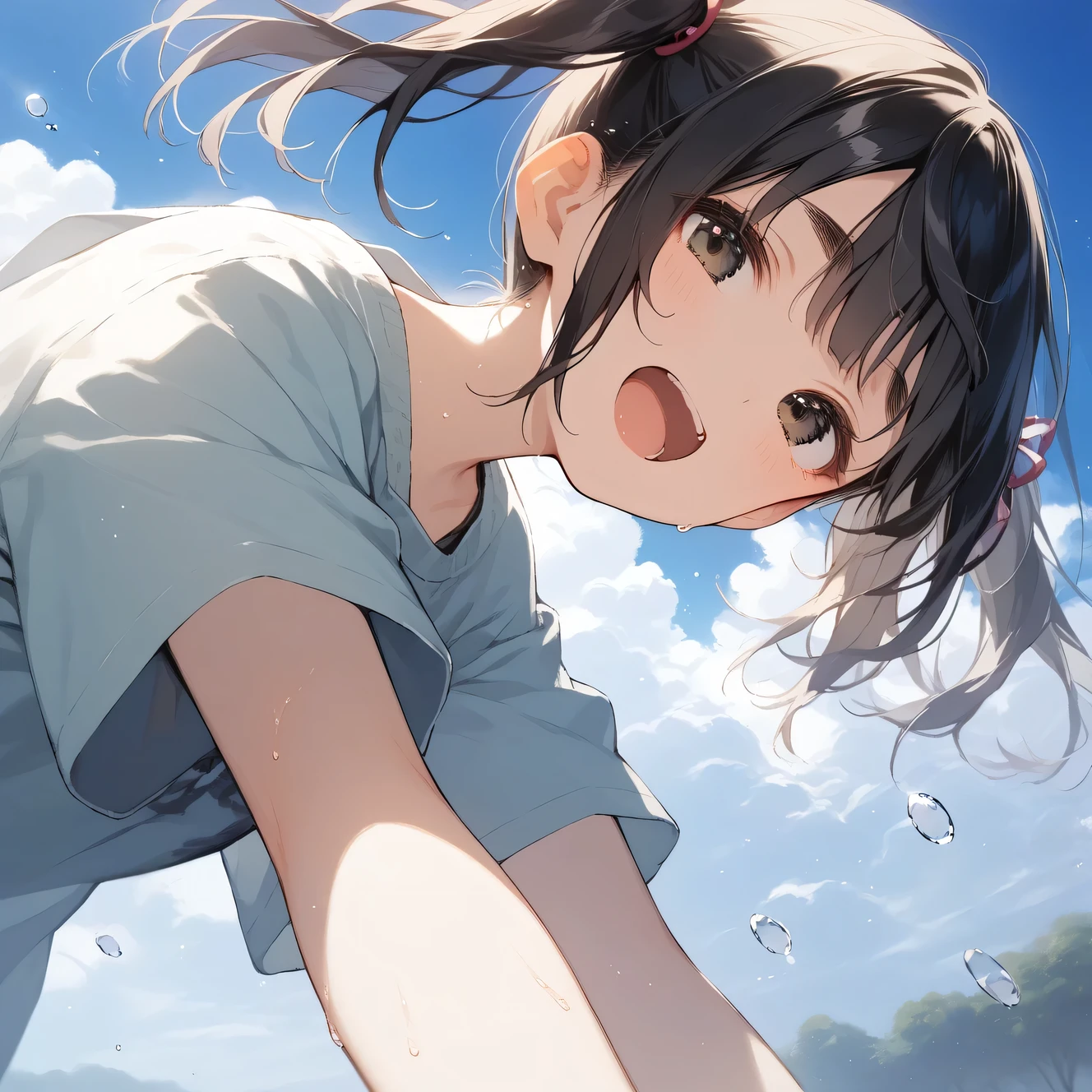 sex friend,((blowjob pose、Close one eye, tilt your head up, open your mouth and stick out your long tongue))、Very beautiful Japanese women、Plump high school girl、(((Wearing a small, thin, plain tank top)))、Nice style、((Big Breasts、Rocket-shaped、The areola is long and pointed))、ponytail、Detailed depiction of a long tongue、Detailed depiction of fingers gripping peniaximum number of pixels、Ultra-realistic photorealistic image quality、((Excited and happy expression、Close-up of face))、((Biologically correct finger structure))、((The lower body is only panties))