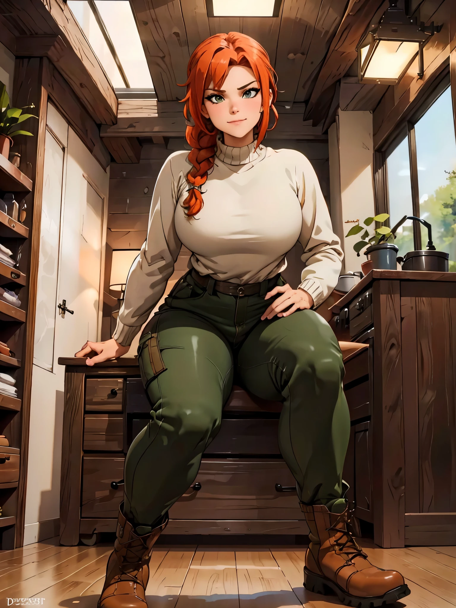 (best quality,4k,8k,highres,masterpiece:1.2),ultra-detailed,realistic:1.37,portrait, very sexy girl lesbian redhead, braided hair, beautiful green eye, seductive, warm sweater, unzipped camouflage pants, army boots, smirking, cozy lighting, vibrant colors. Futanari, lewd, night, crotesc , erotic