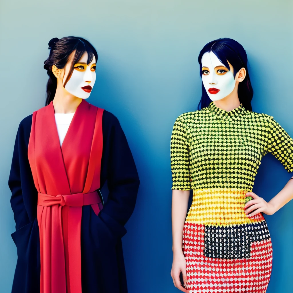 Op Art Women、Woman with Mondrian-painted face、The costumes are also modelled on Mondrian&#39;s work..、Mondrian&#39;s Composition Background