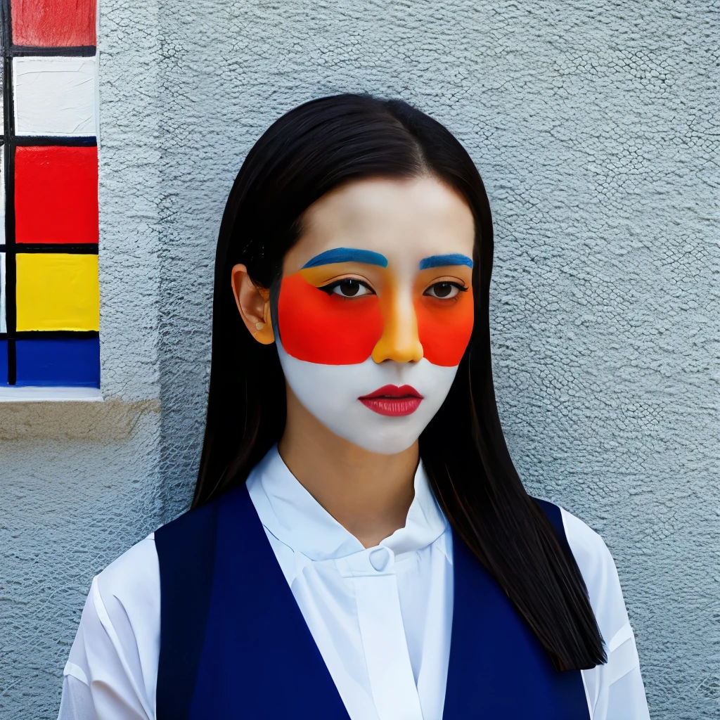 Woman with Mondrian-painted face&#39;Configuration Pattern、The costumes are also modelled on Mondrian&#39;s work..、Mondrian&#39;s Composition Background