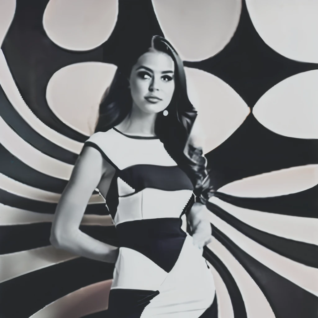 Op Art Fashion, Black and white dress, Optical illusion, Contoured curved dress、Op art makeup on a woman&#39;s face