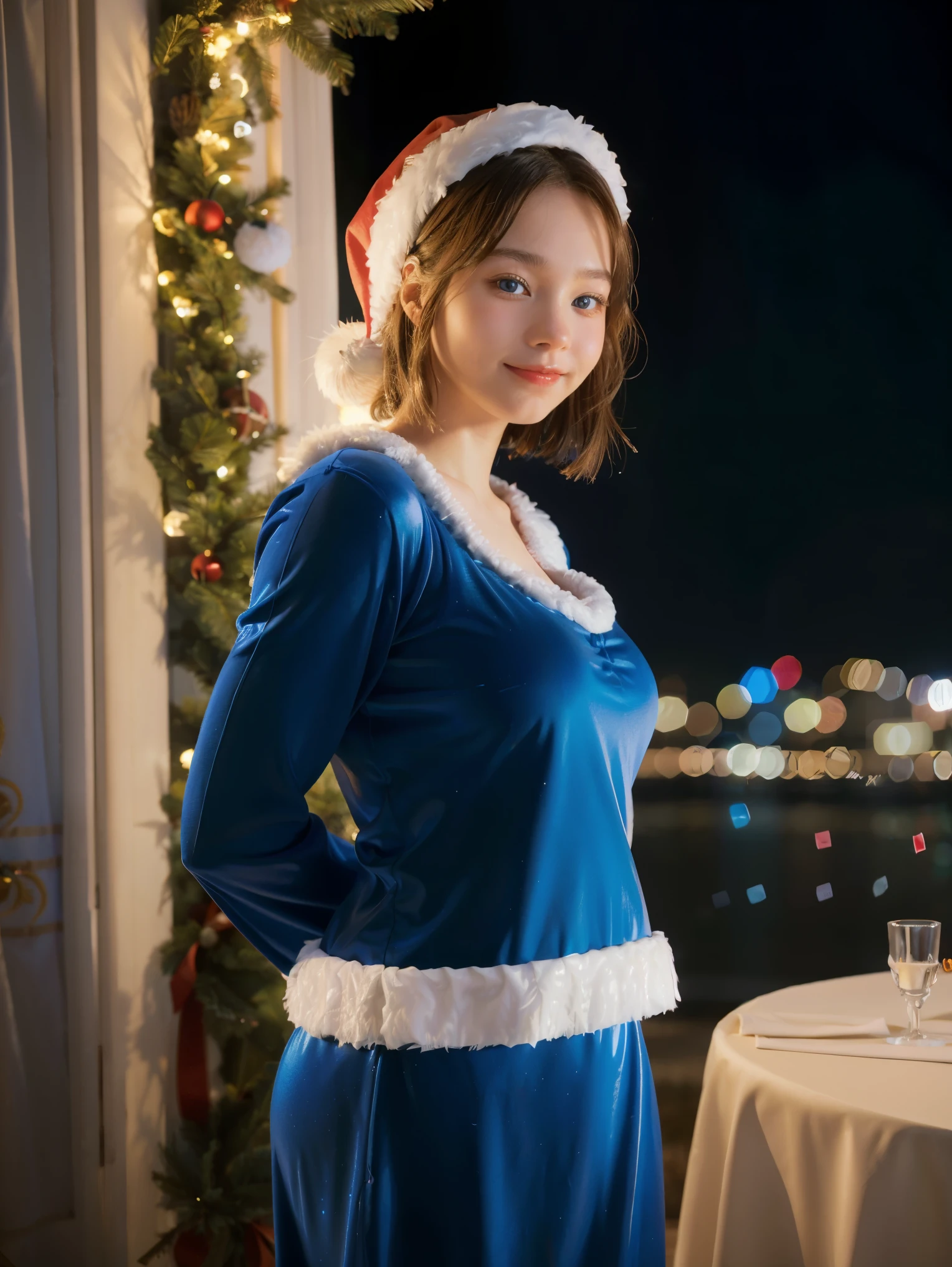masterpiece, best quality, ultra-detailed, illustration,1girl, looking at viewer, best quality,depth of field,(closed mouth,light smile,blue eyes:1.1),beautiful detailed glow , (santa costume:1.3),(hands behind back:1.3),(arms behind back:1.3),blaze (arknights),