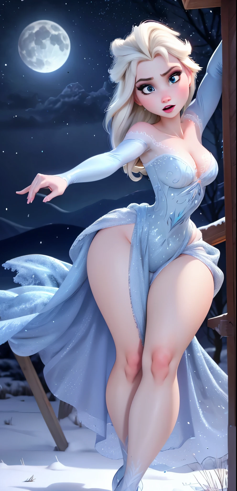 Elsa from frozen, wearing ice legerie,thick thighs, big ass, small waist, small boobs, bending backwards, smooth skin, pale skin,8k resolution, detailed face and eyes, she is beautiful,night snowing, blue moon behind. 