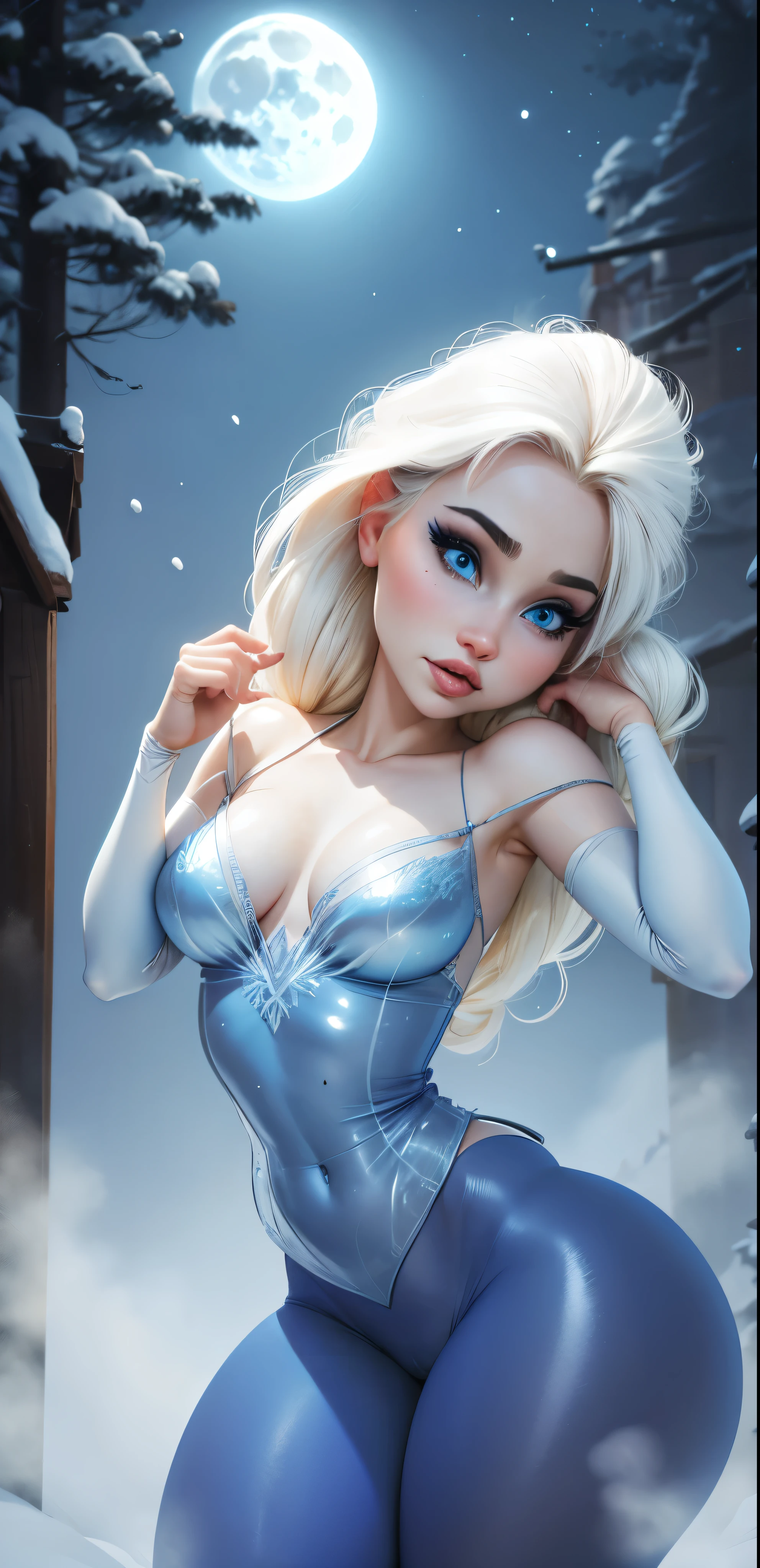 Elsa from frozen, wearing see through ice legerie,thick thighs, big ass, small waist, small boobs, bending backwards, smooth skin, pale skin,8k resolution, detailed face and eyes, she is beautiful,night snowing, blue moon behind, rule of thirds
