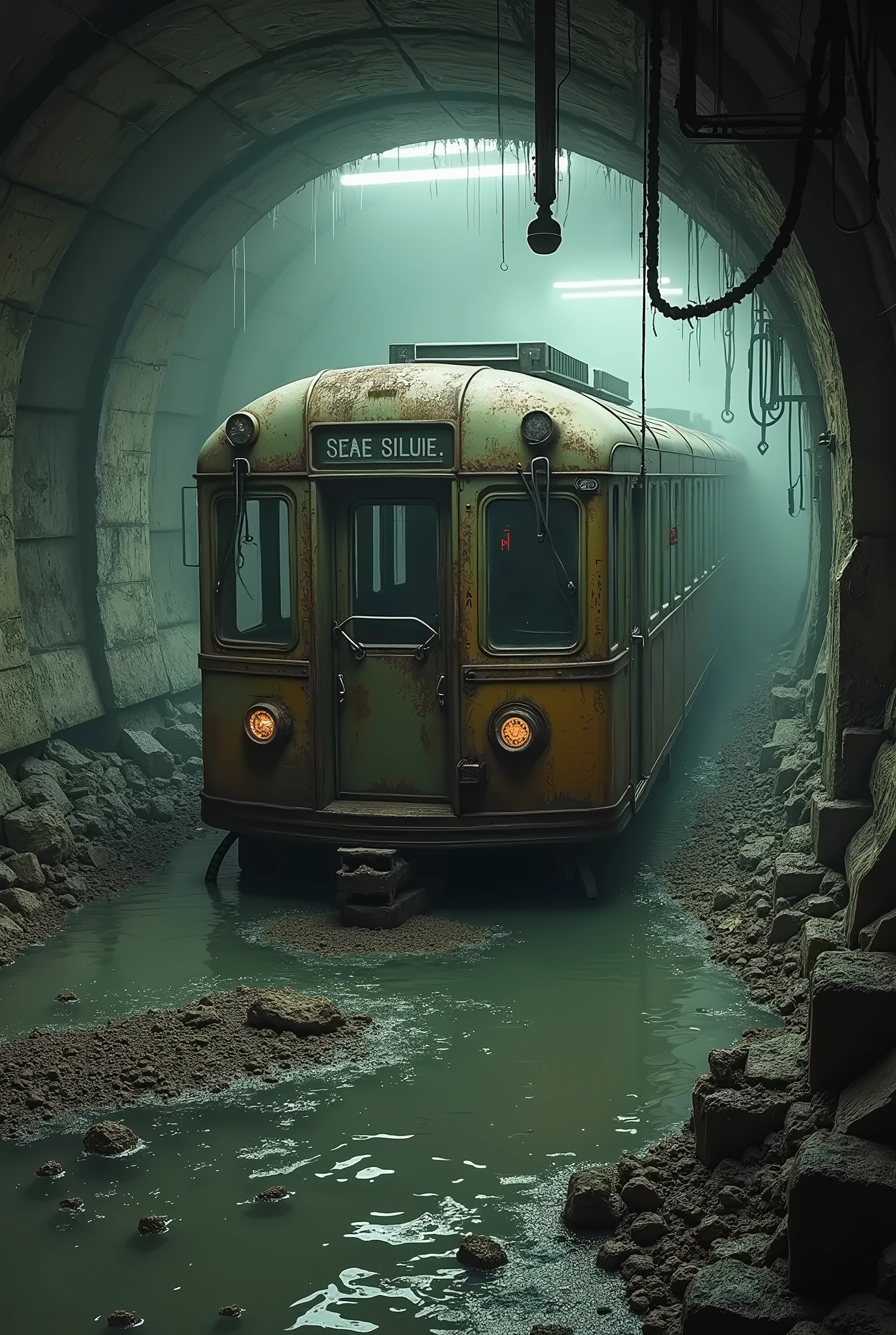 Flooding in the underground subway as the subway train is being flooded, the train is rusty, dirty and abandoned, pos apocaipse, underground destroyed, dirt and debris everywhere