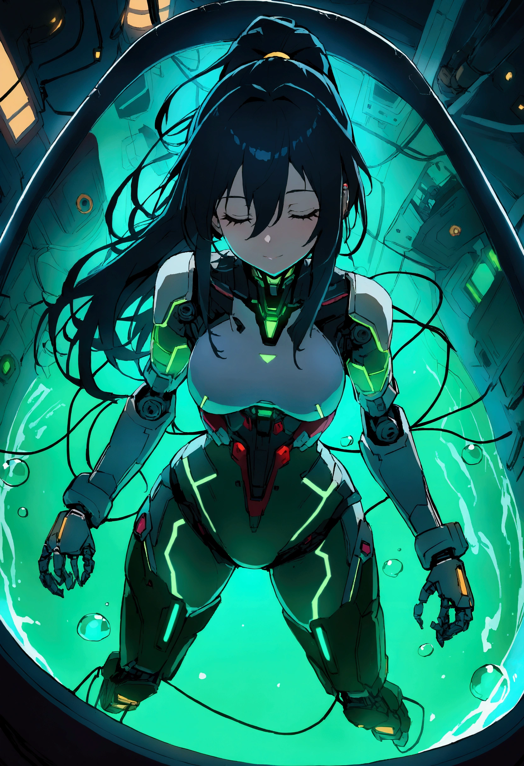 ((nsfw)), ((((masterpiece)))), high quality, very_high_resolution, large_filesize, full color, (((Hatsune Miku))), ((grey skin:1.4)), (silver metal hair), ((nude)), expressionless, shut one's mouth, upper body, (Limb restraints with arms outstretched), be taken in by a machin, (Mechanical tentacles entwine around the body), the body is part of the machine, fear and despair, both eyes closed, The body surface is dyed with a silvery film, silver skin, silver hair,restrained, systemic mucus, The lower body is assimilated with the machine, (inside the dark gundam), (body glowing silvery), inside the machine, (super detailed skin), high resolution, anime style, (body_unite), tentacles,liquid metal girl