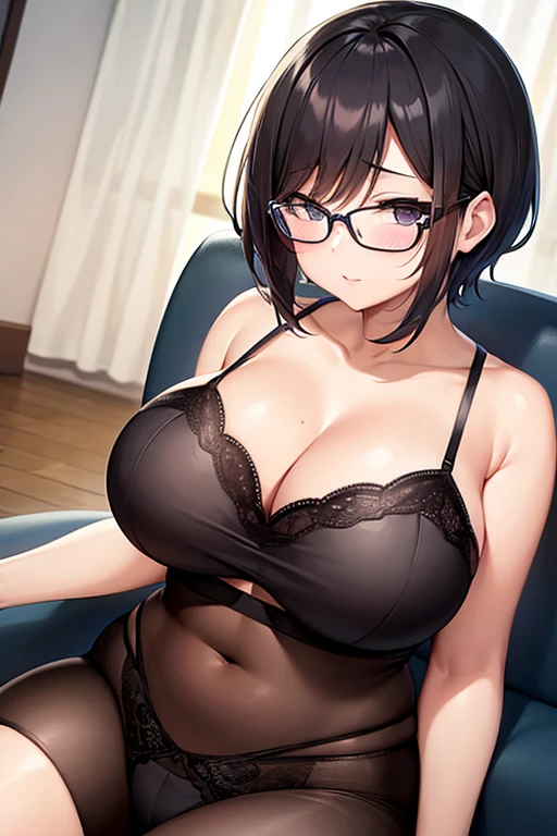 masterpiece, Highest quality,  wing, short hair, Hair Clip, Purple eyes, Glasses, Large Breasts, Black camisole, Lace trim, Bottomless, Sitting, From the side, Chair, View your viewers