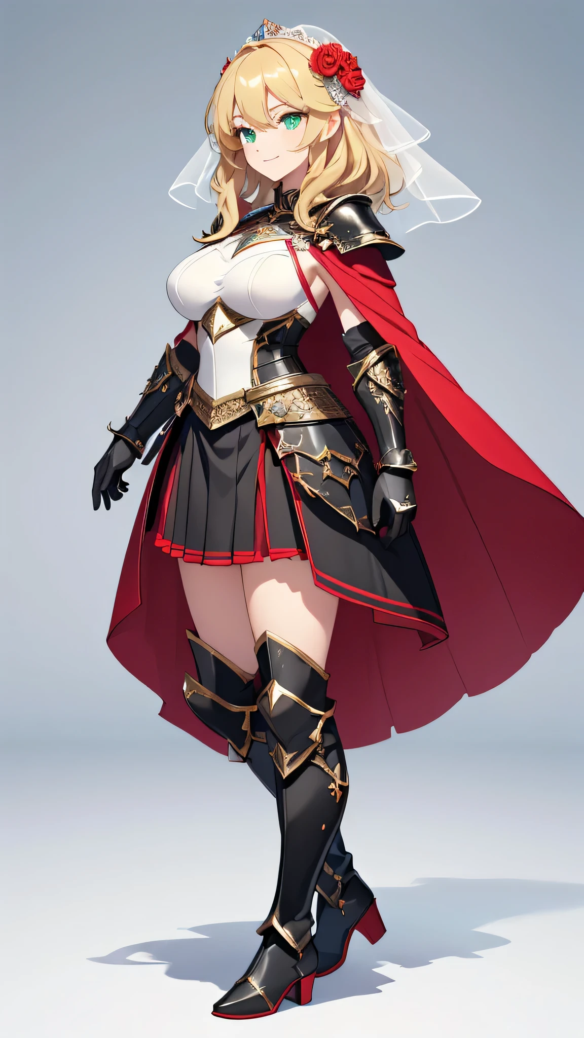 white background, no background,masterpiece,A full-body image drawn down to the toes, tall adult woman standing upright, (diagonal side view), (On her head she wears a pure white translucent wedding short veil decorated with red flowers.), Looking at this, (huge breasts), Wavy blonde hair, Hair length down to chest, A princess knight wearing a black breastplate with black armor, Pale skin, smile, Green Eyes,sharp eyebrows, Detailed eyes, Armored black thigh-high boots, Black Gauntlets, (red armored black frilly skirt), (1 red short cape), Holding nothing in hands, Long legs,Fantasy, Young lady