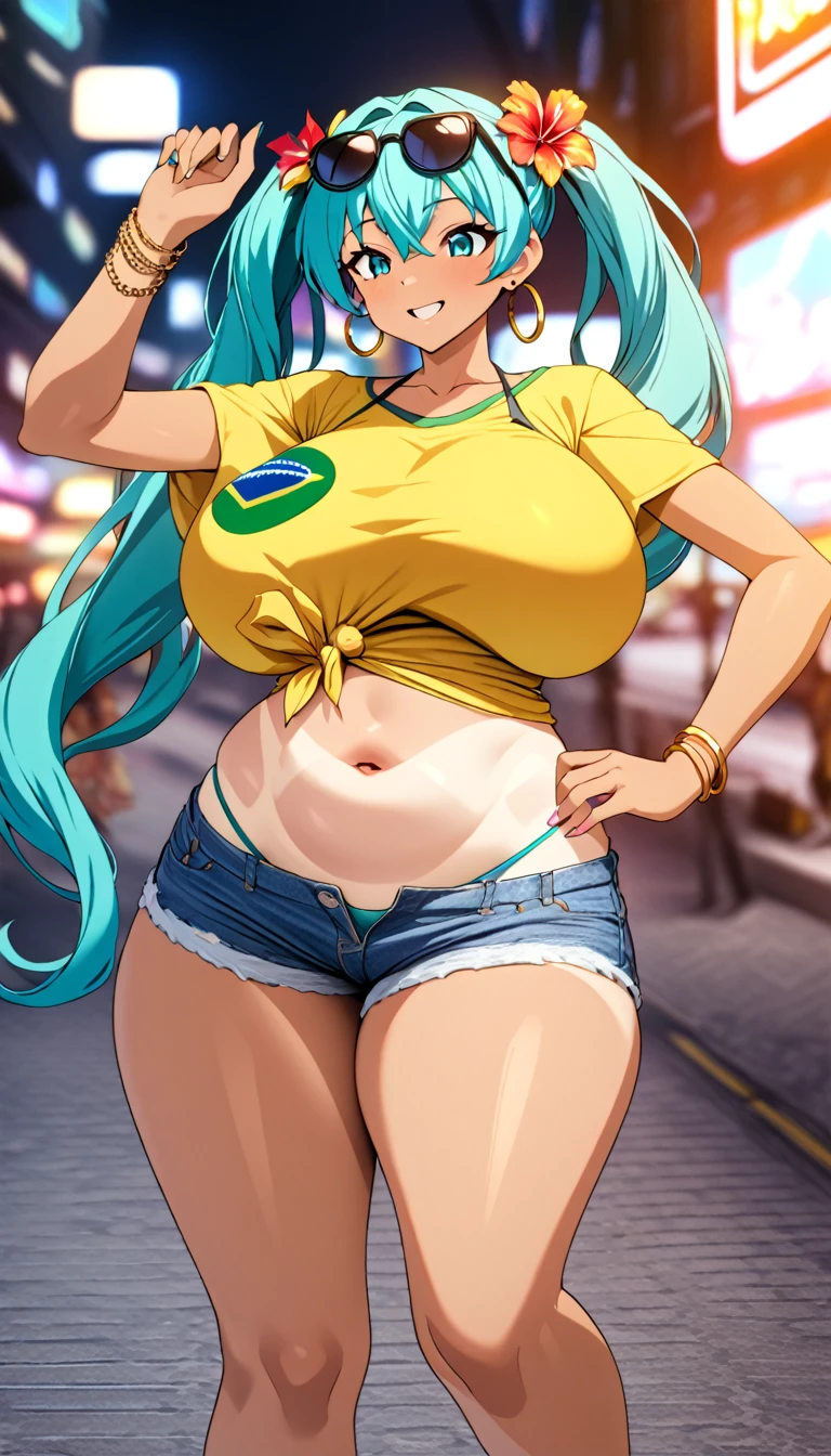 ((masterpiece, best quality)), very aesthetic, ultra detailed, intricate details, highly detailed, UHD, hdr, 8K, perfect face, 1girl, in brazil city, at night, Big breasts, perfect body, (newest anime art style), Brazilian, sunglises, aqua eyes, Tanlines, short sleeves, blue shorts, eyewear on head, hoop earrings, bracelet, collarbone, dark-skinned female, midriff, hair flower, denim shorts, beads, short shorts, twintails, swimsuit, cropped shirt, yellow shirt, huge breasts, Big_breasts, Big_is, thighs, thick hips A cheerful Brazilian version of Hatsune Miku rests on the beach. Her long aqua hair is tied into two pigtails., Shining under the sun. Miku has tanned skin with visible tan lines., highlighting her curves, especially her big breasts, thighs and butt.

She wears a yellow crop top with the Brazilian flag on it., paired with a navy blue bikini. Worn denim shorts rest on her hips, complementing her beach look. Smile with a relaxed expression, while sunglasses rest on his head. On her ankle she wears an anklet with a green and white pattern., Matching a decorative belt in yellow. A tropical flower adorns her hair, and at least four gold bracelets shine on each of her arms.

The background is simple and sunny, perfect for a day at the beach, while Miku stands out as the center of attention, radiating Brazilian and summer energy.
touching bellybutton, dick in the bellybutton, navel play, belly, belly button focus, belly focus, the object inside bellybutton, bellybutton, bellybutton, belly button, touching belly, someone touching her belly, someone fucking her belly button, navel play, playing with navel, rubbing navel.
                         