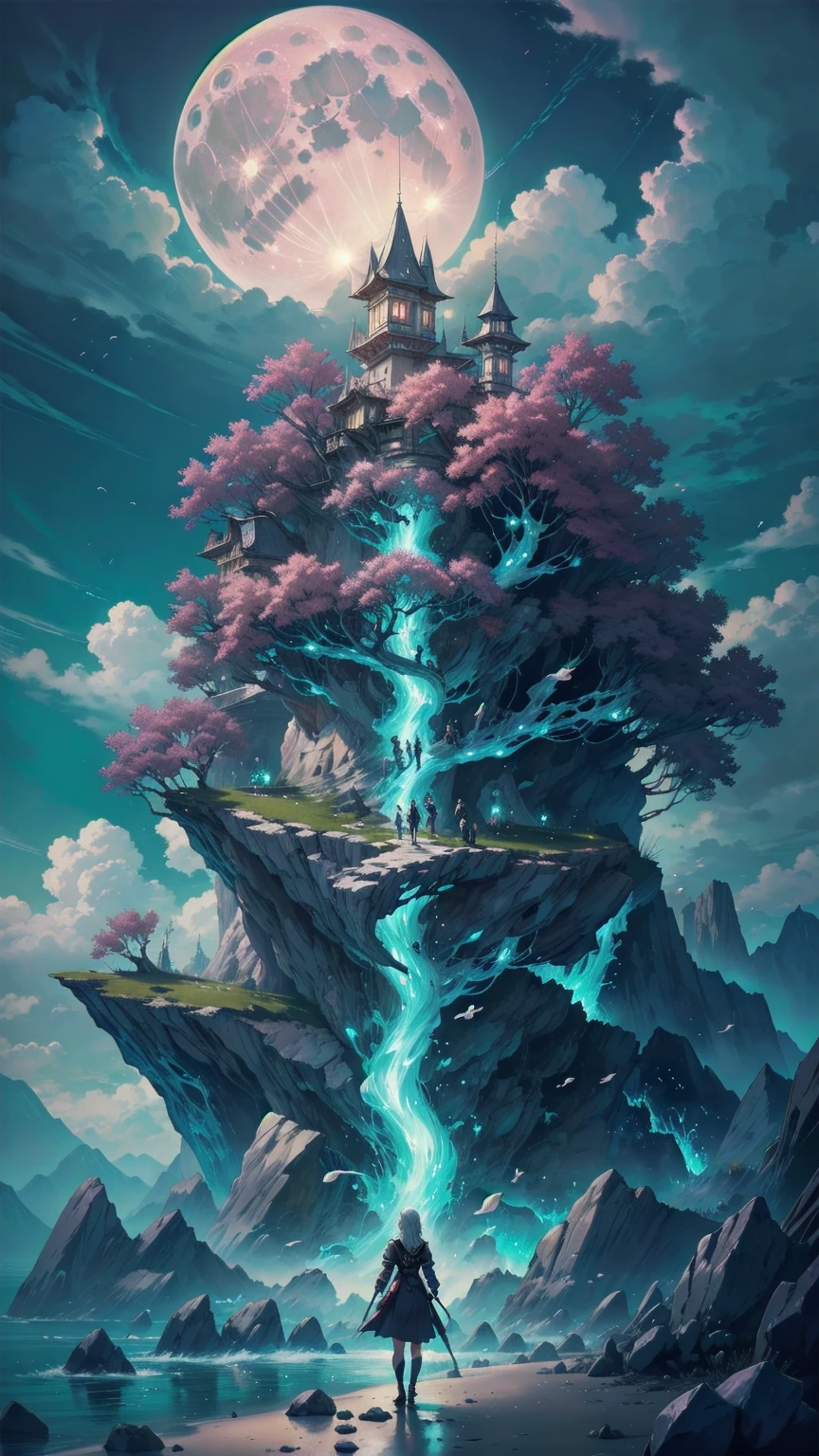 Anime girl walking near a cliff, Beautiful fantasy anime, high detailed official art, Silver-haired God, Shadowverse Style, Anime Goddess, Nightcore, Detailed Key Anime Art, official art, Masterpiece Goddess of Beauty, Anime fantasy illustration, Detailed digital anime art, Epic light novel art cover, From the Arknights video game, Anime fantasy art, Calm background, Bright white moon, white beach dress, Sea view
