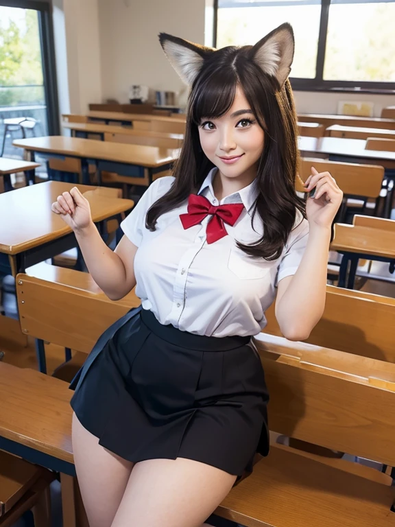 A sexy, busty teacher with cat eyes sits cross-legged in the classroom